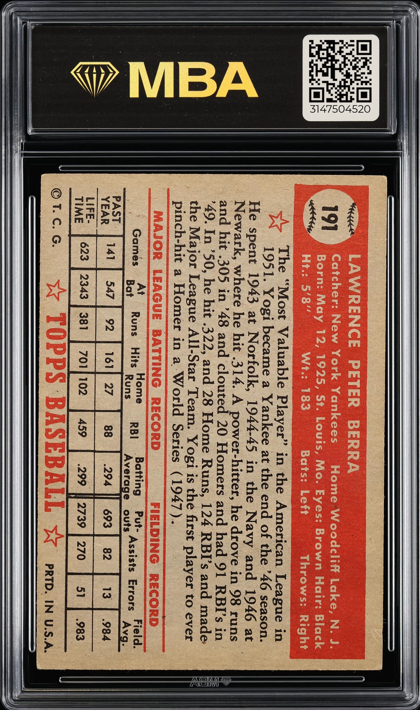 1952 Topps Yogi Berra #191 MBA 4