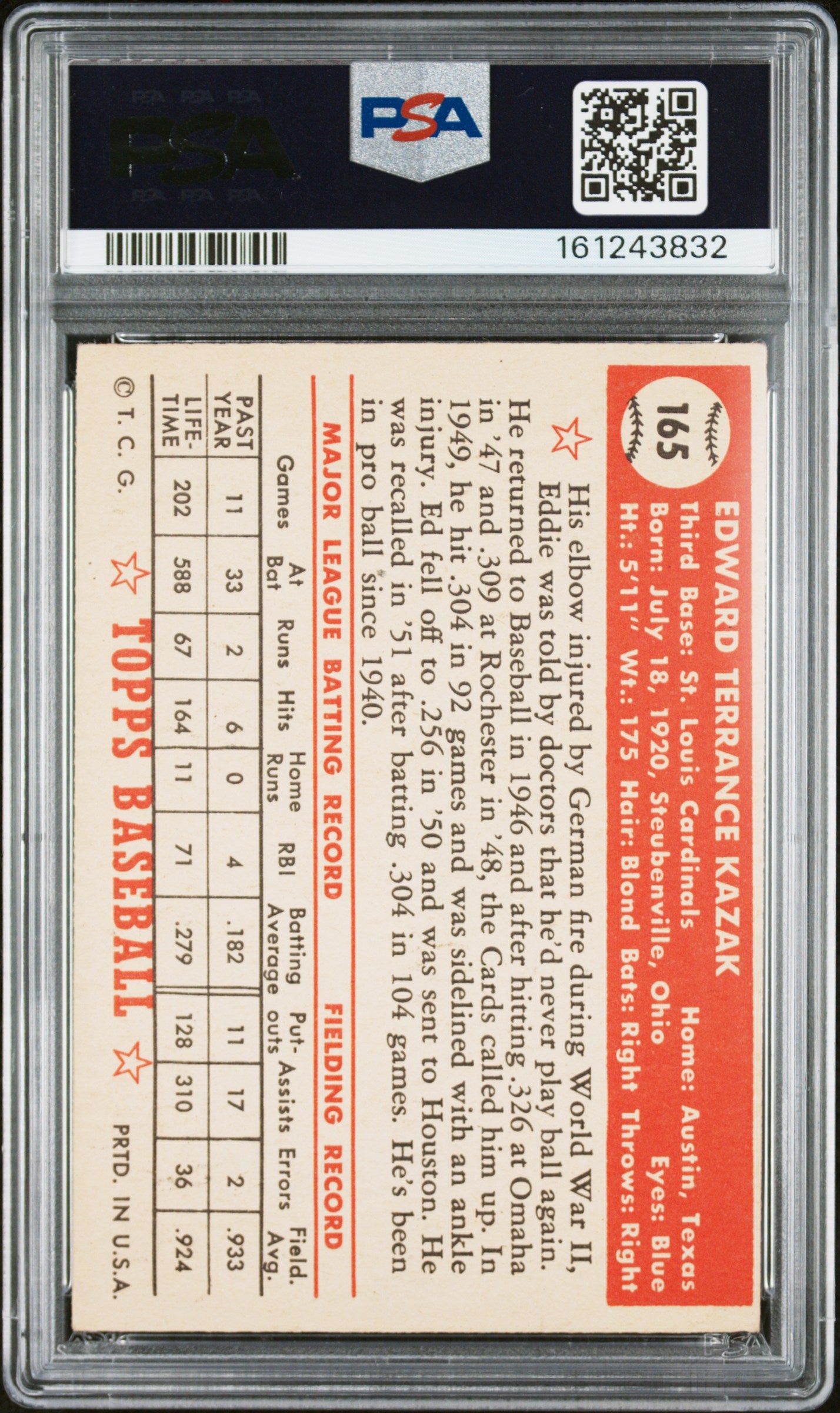 1952 Topps Eddie Kazak #165 PSA 2.5