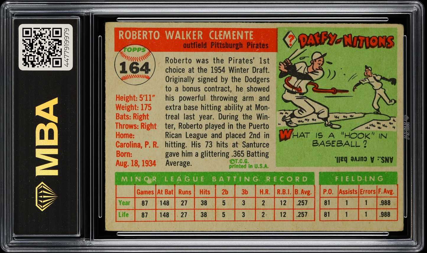 1955 Topps Roberto Clemente #164 MBA, Superior eye appeal, MBA Silver