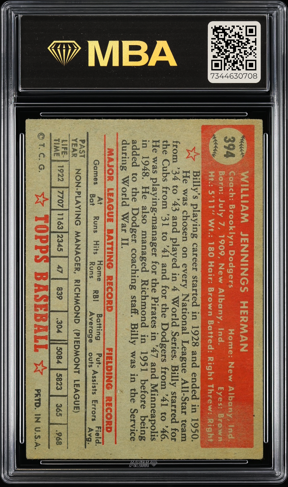 1952 Topps Billy Herman #394 MBA 3