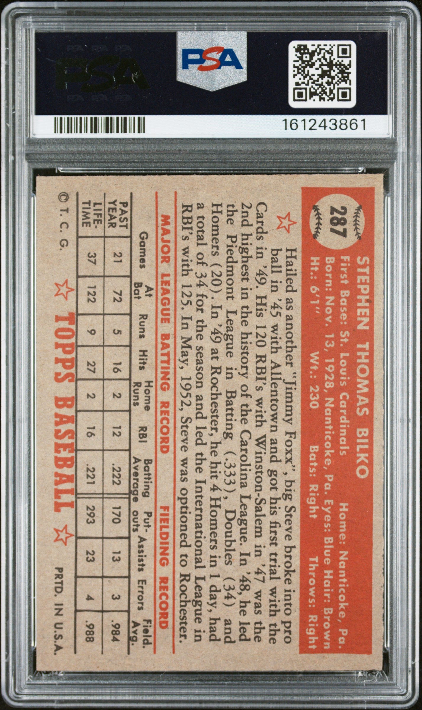 1952 Topps Steve Bilko #287 PSA 5