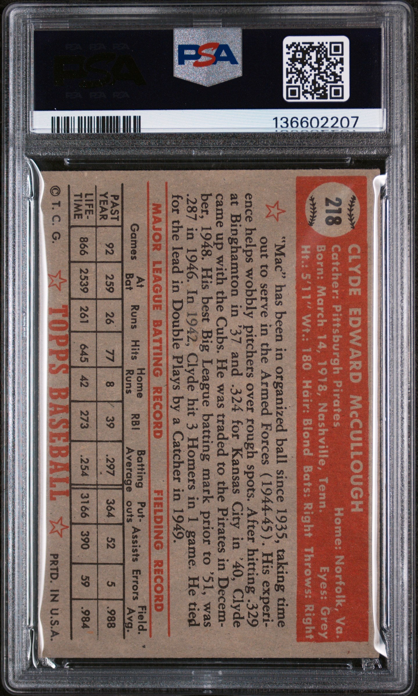 1952 Topps Clyde Mccullough #218 PSA 4