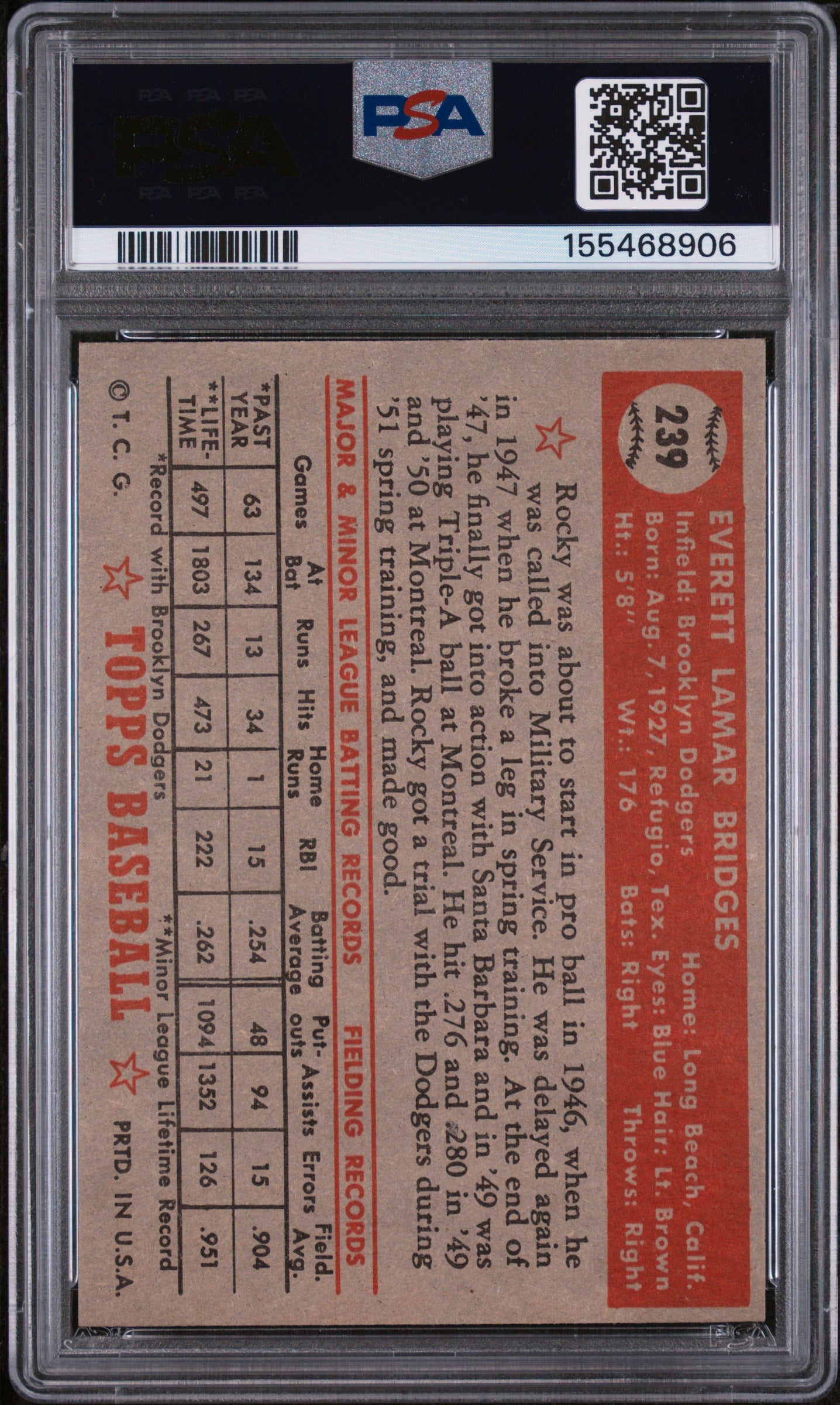 1952 Topps Rocky Bridges #239 PSA 4