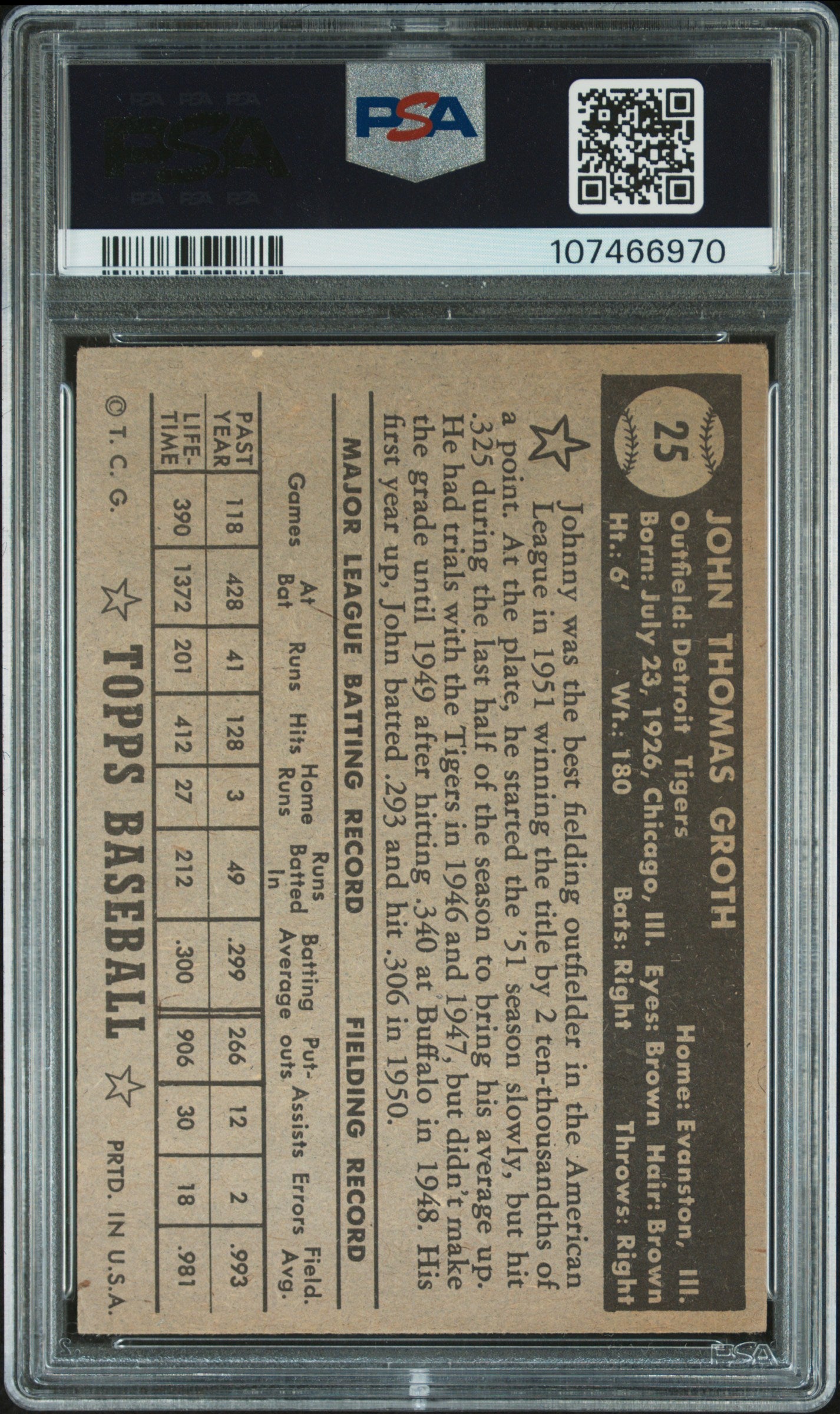 1952 Topps Johnny Groth #25 Black Back PSA 4