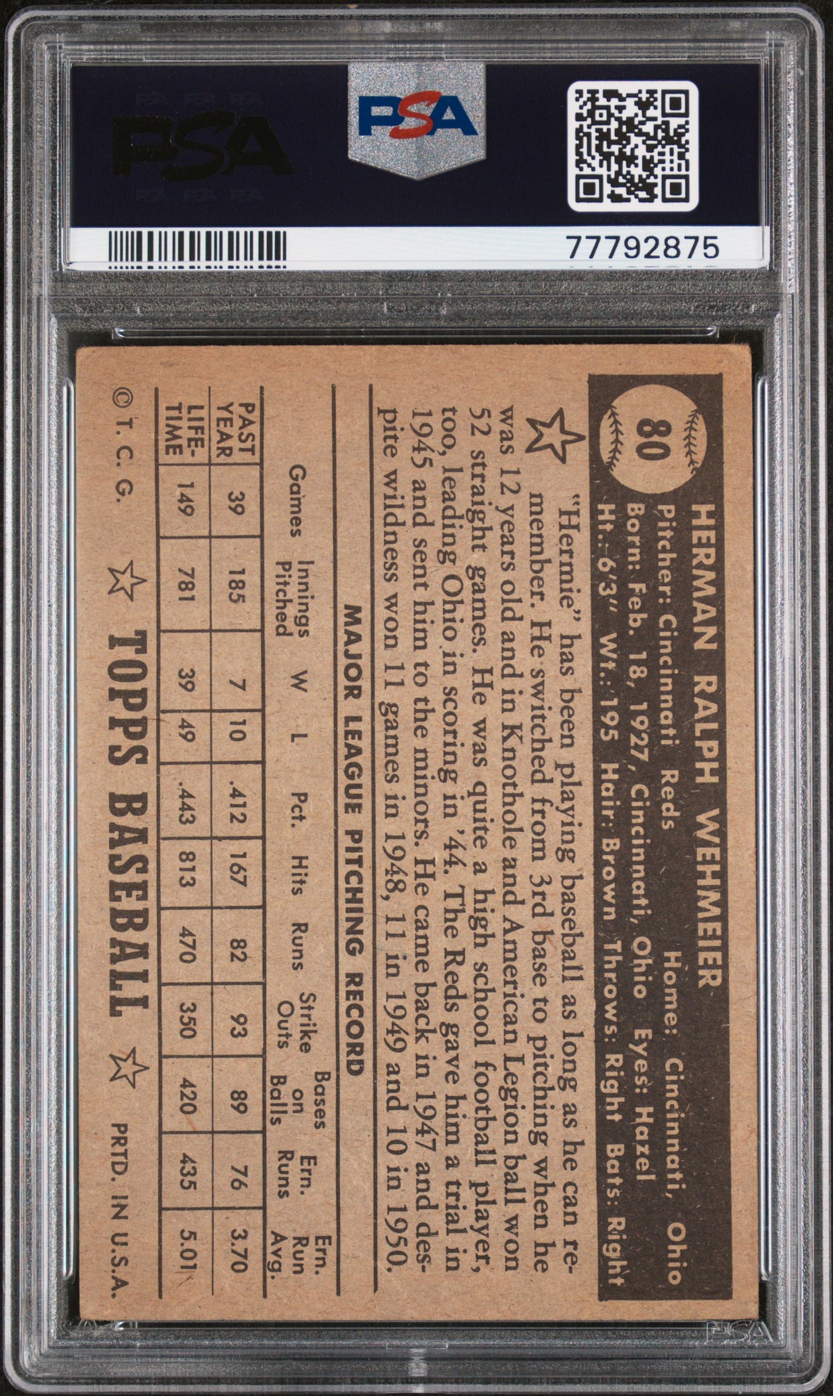 1952 Topps Herman Wehmeier #80 Black Back PSA 4