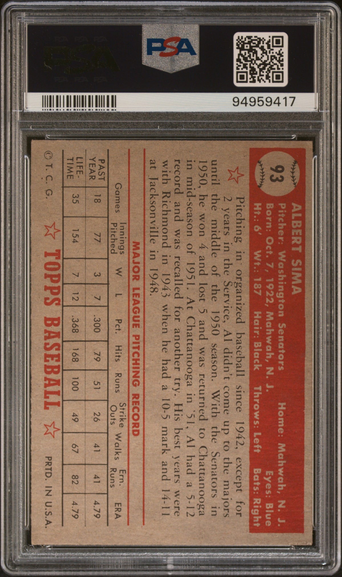 1952 Topps Al Sima #93 PSA 5.5 bright white
