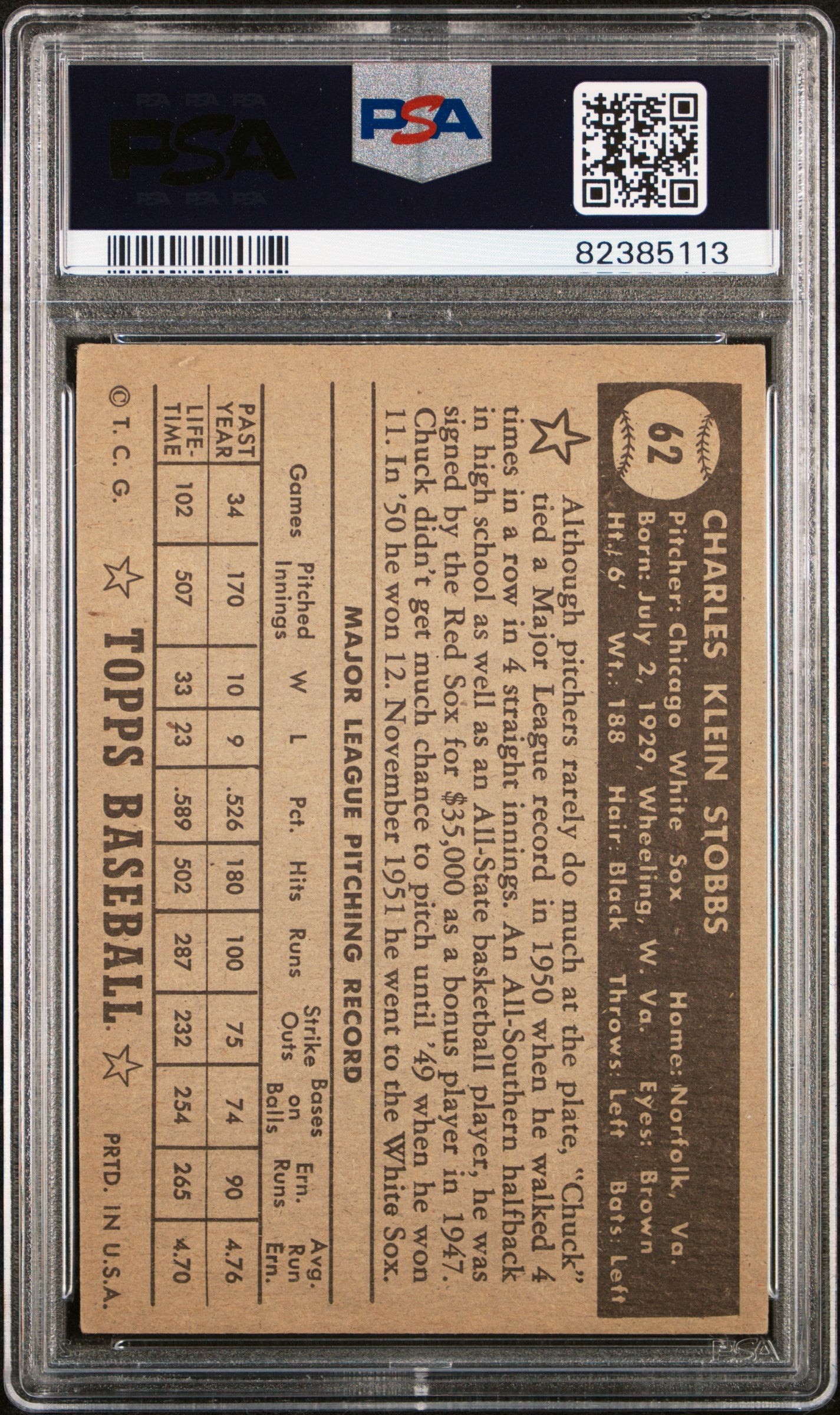 1952 Topps Chuck Stobbs #62 Black Back PSA 4