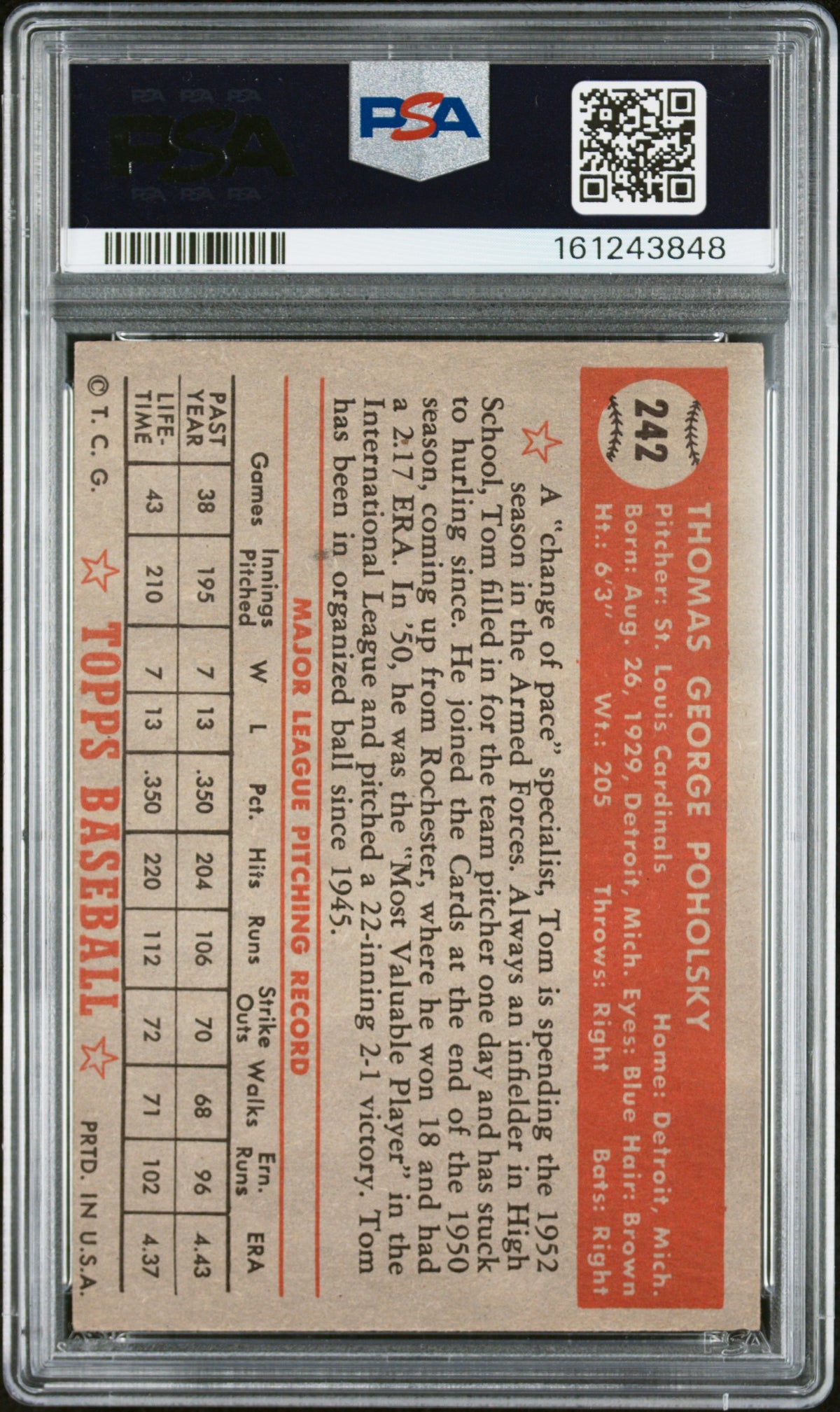 1952 Topps Tom Poholsky #242 PSA 5