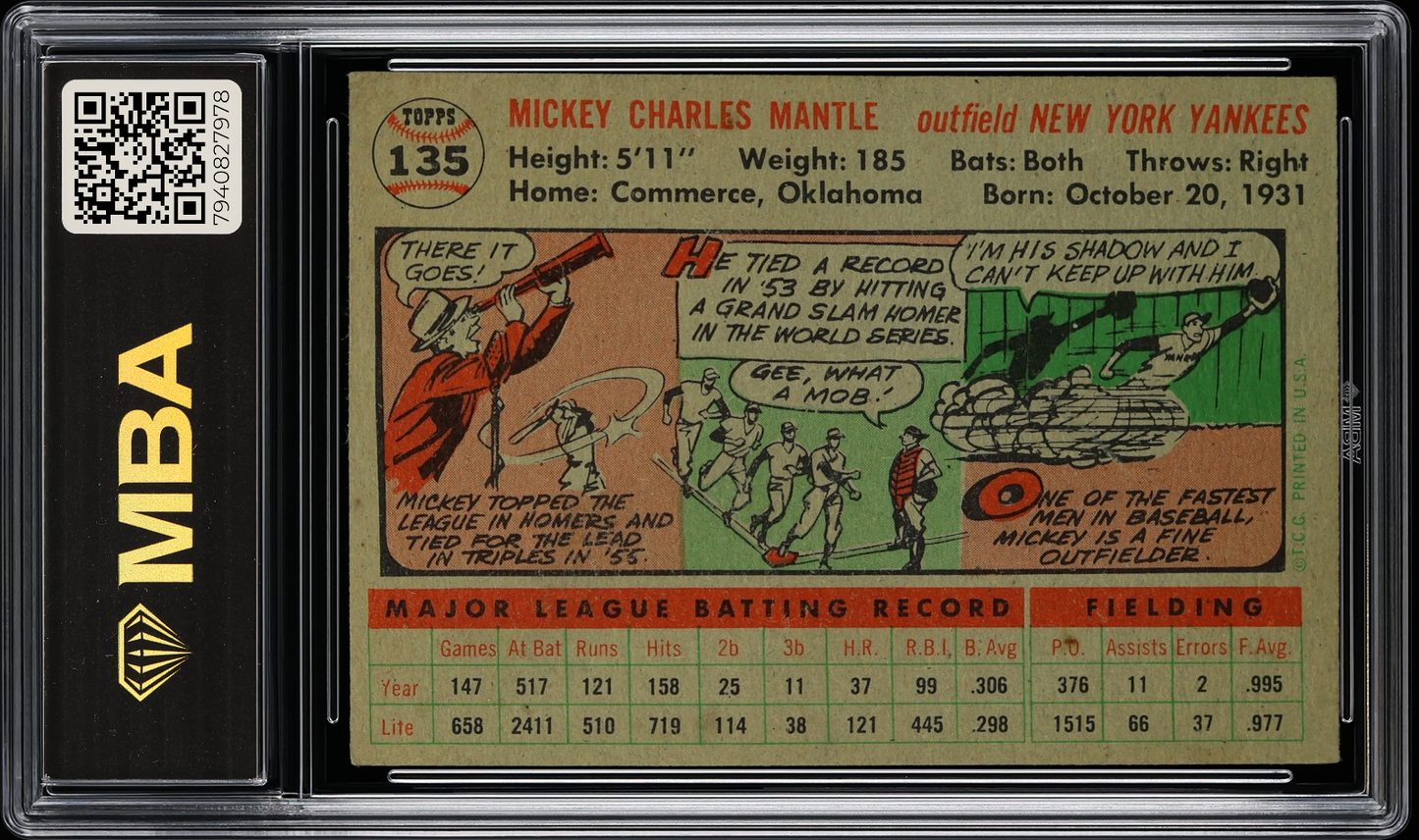 1956 Topps Mickey Mantle #135 Gray Back MBA 3