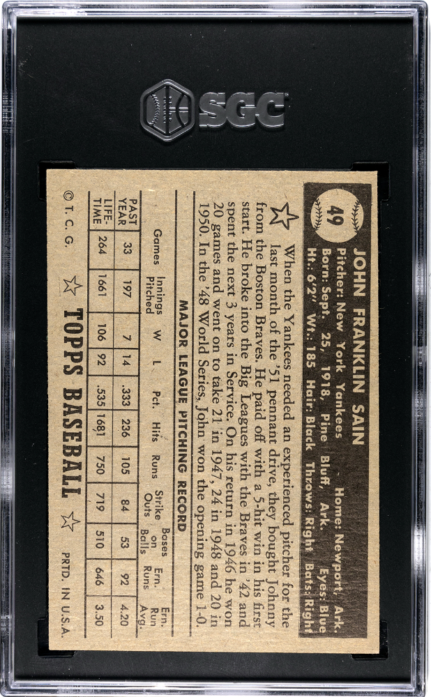 1952 Topps Johnny Sain #49 SGC 5 Tougher black back