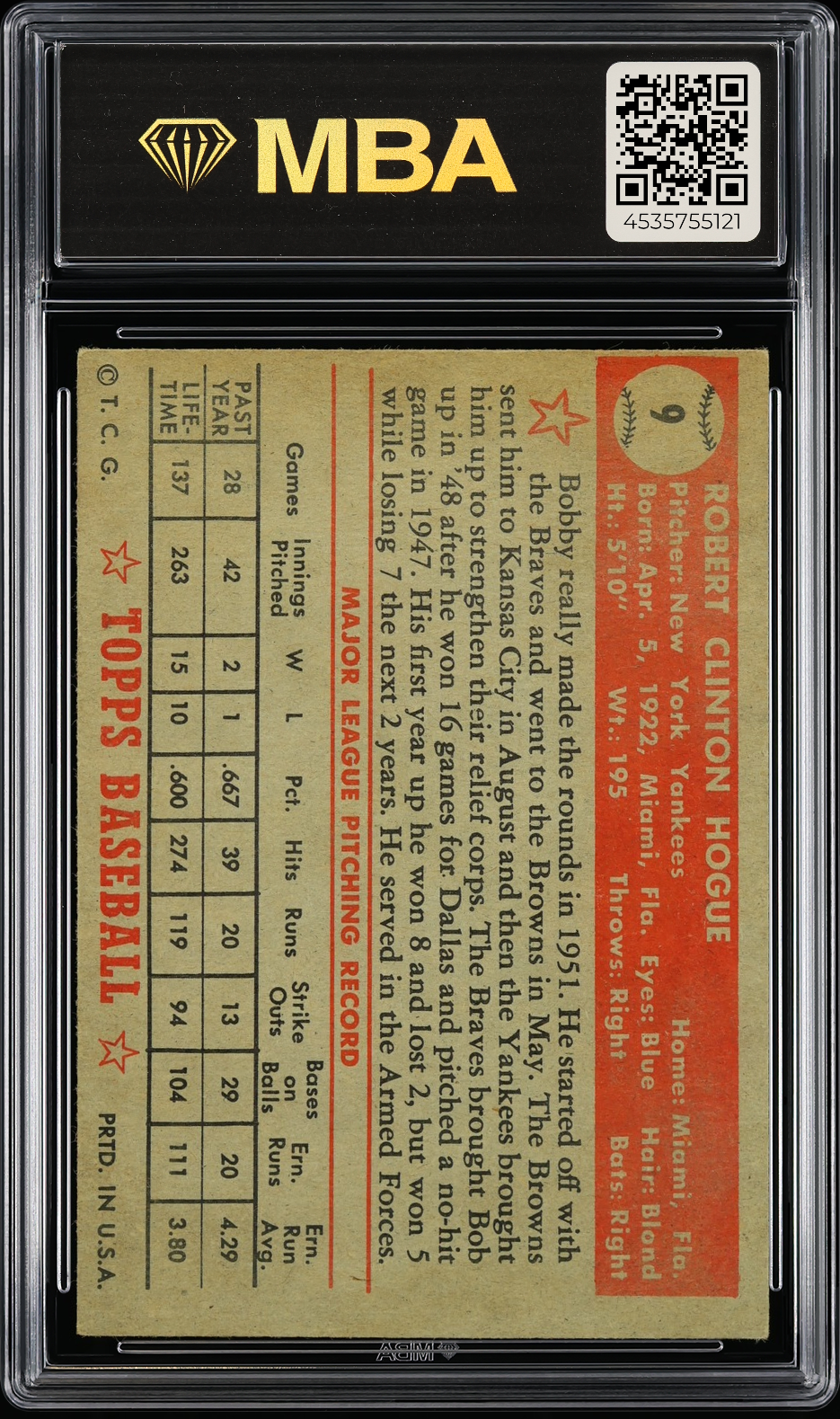 1952 Topps Bobby Hogue #9 Red Back MBA 3