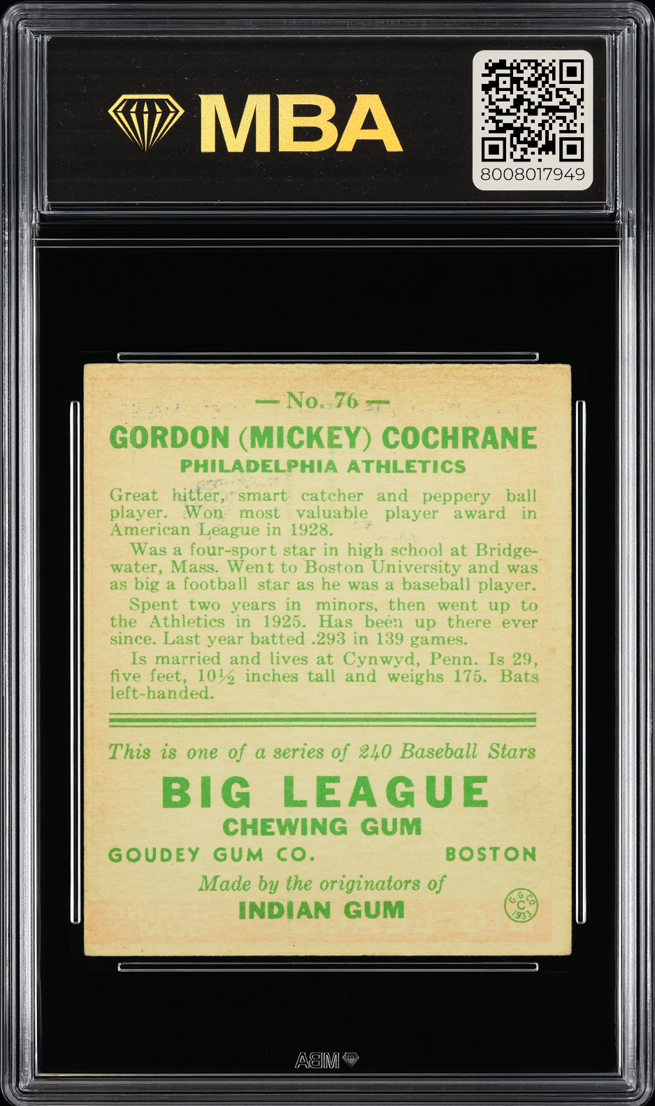 1933 Goudey Gordan (Mickey) Cochrane #76 MBA 4