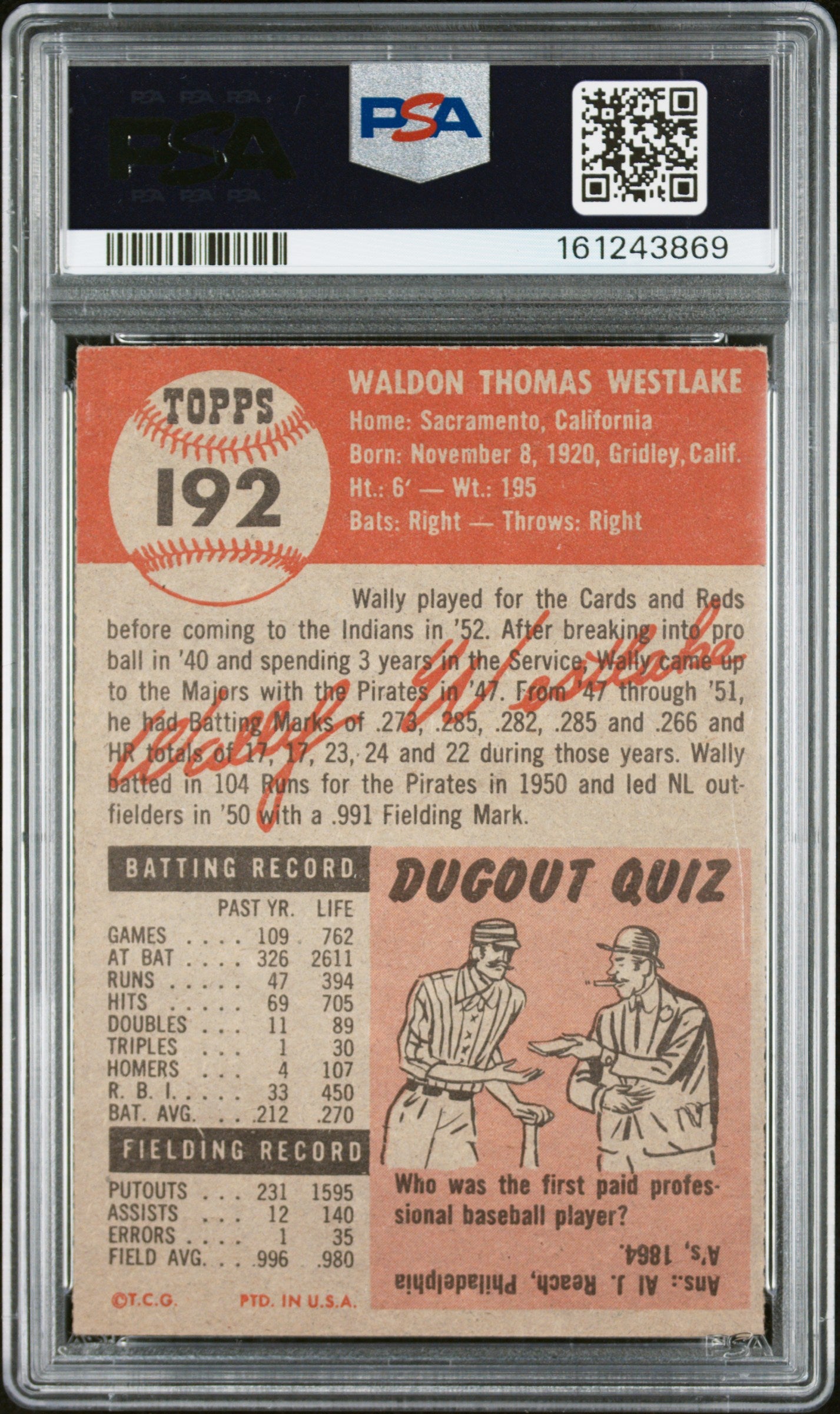 1953 Topps Wally Westlake #192 PSA 6