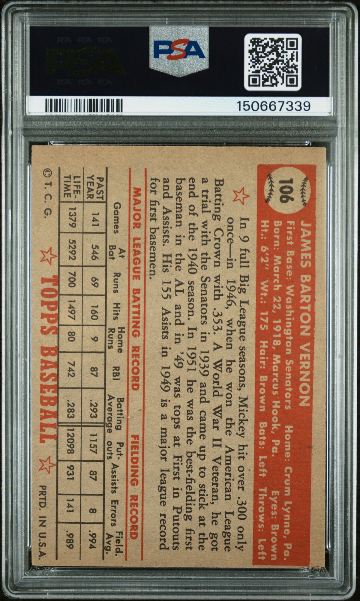 1952 Topps Mickey Vernon #106 PSA 5.5
