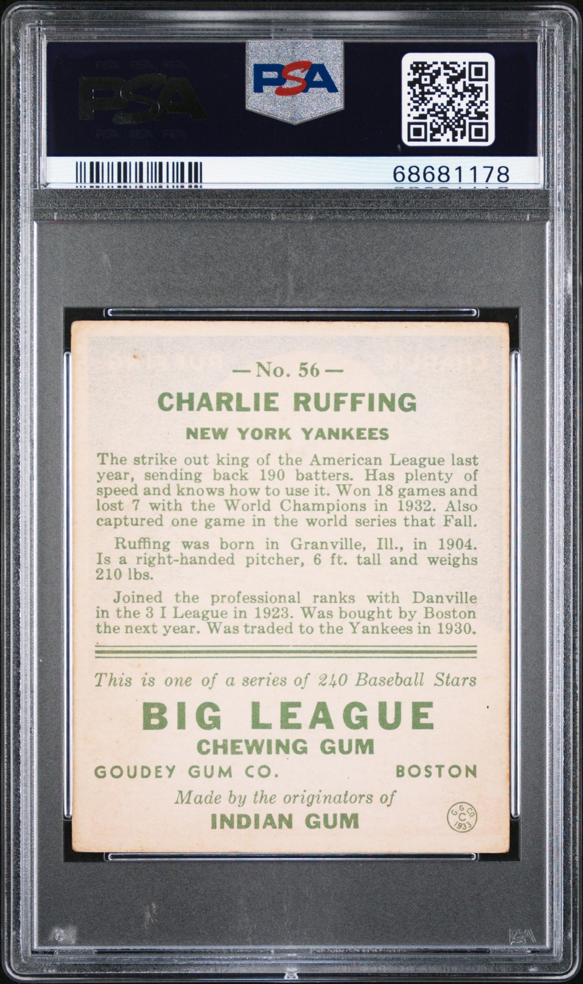 1933 Goudey Charlie Ruffing #56 PSA 3