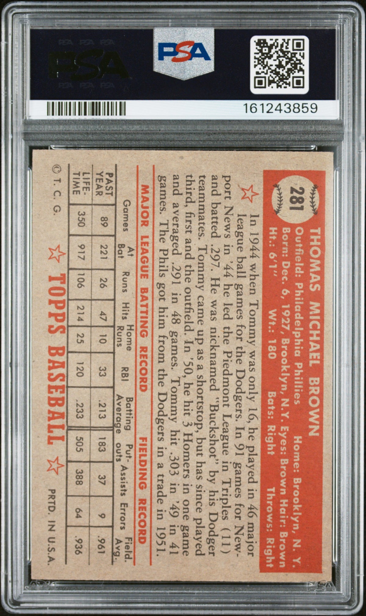 1952 Topps Tommy Brown #281 PSA 5.5 newly graded and beautiful