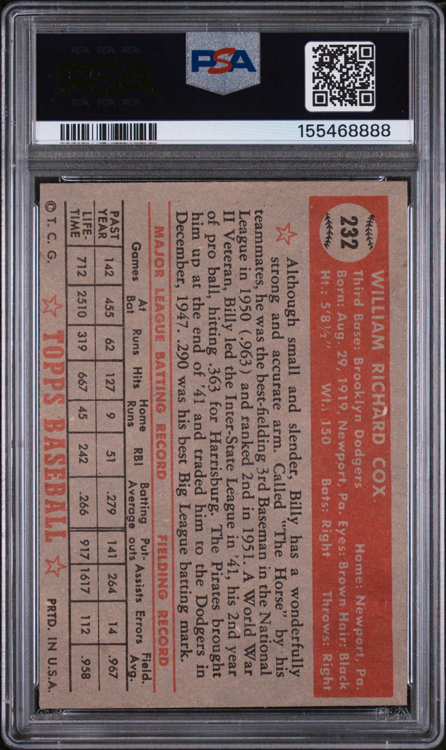 1952 Topps Billy Cox #232 PSA 5