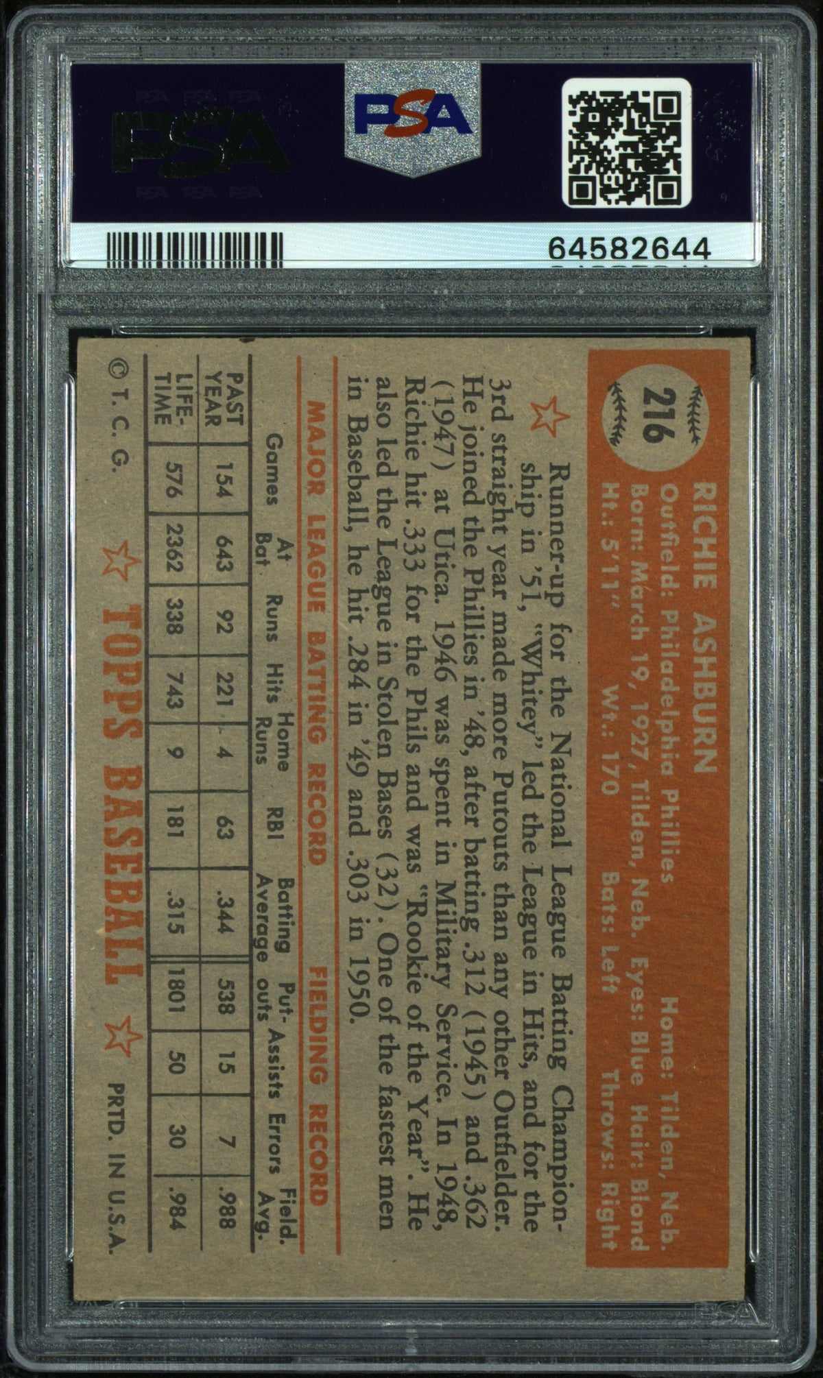1952 Topps Richie Ashburn #216 PSA 5