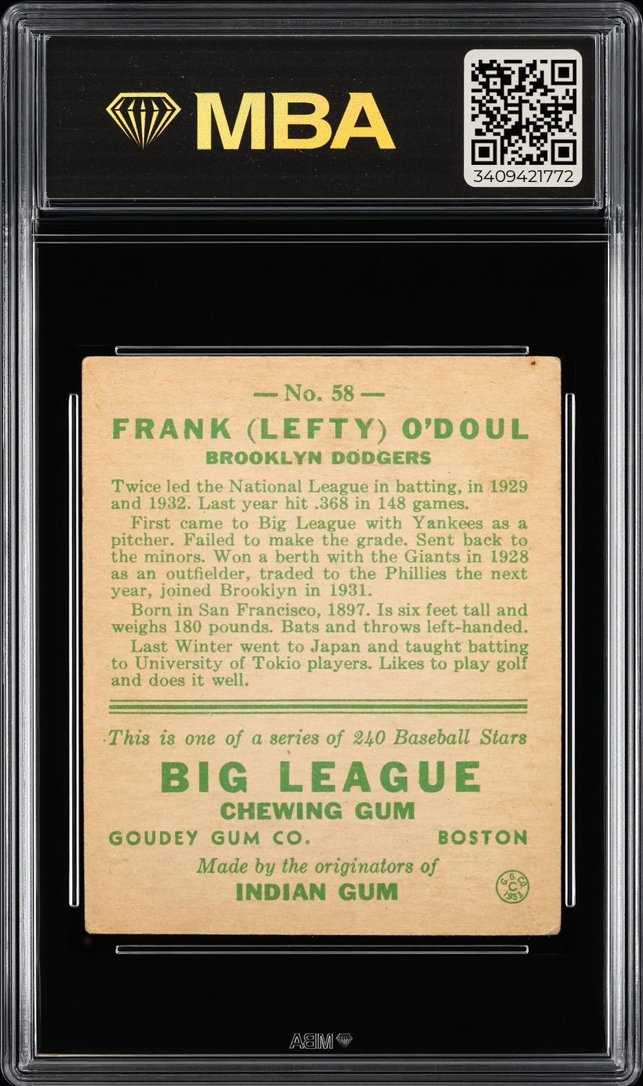 1933 Goudey (R319) Lefty O'Doul #58 MBA 4