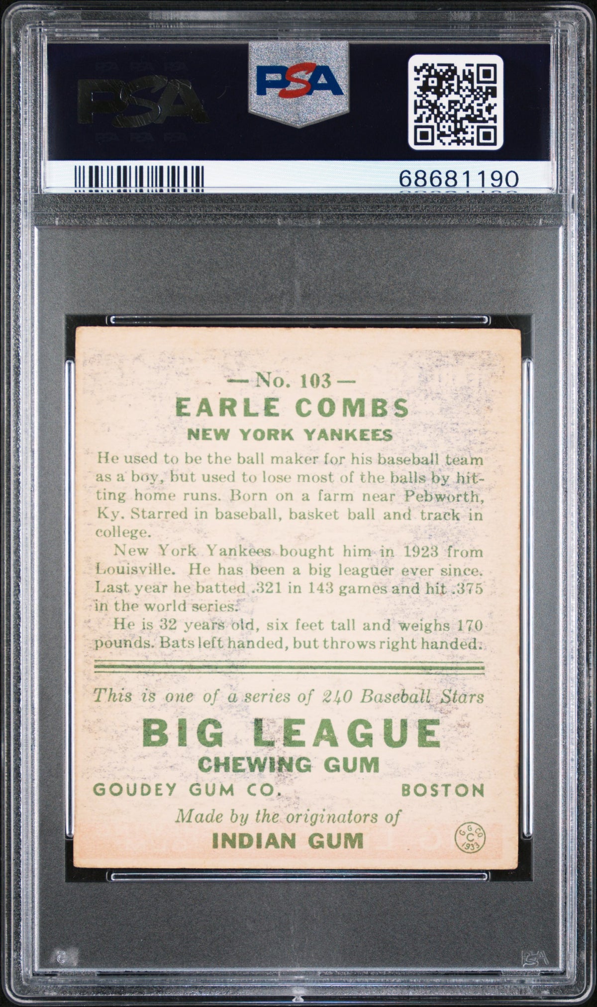 1933 Goudey Earle Combs #103 PSA 3