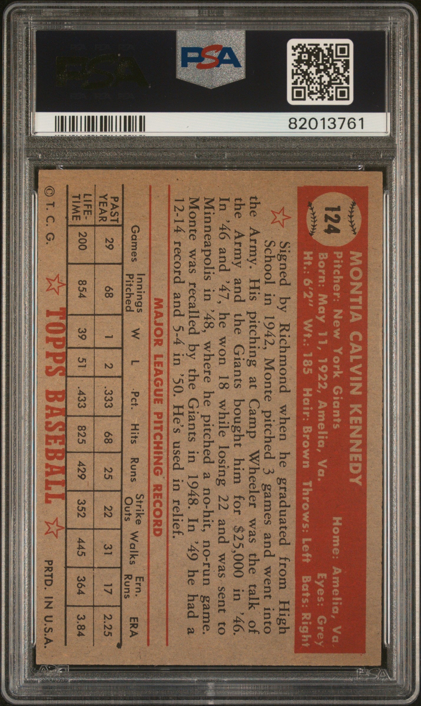 1952 Topps Monte Kennedy #124 PSA 5