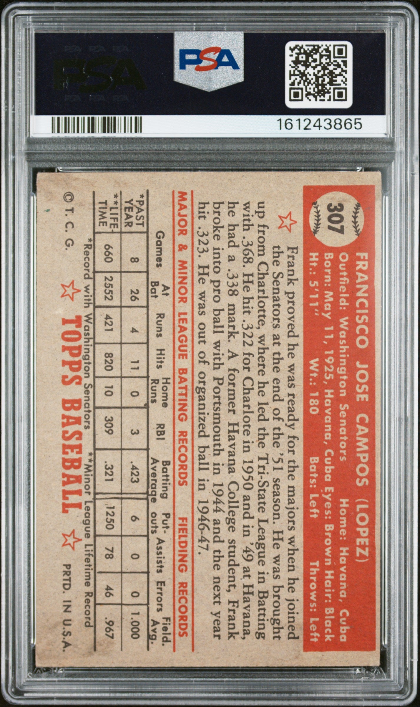 1952 Topps Frank Campos #307 PSA 5