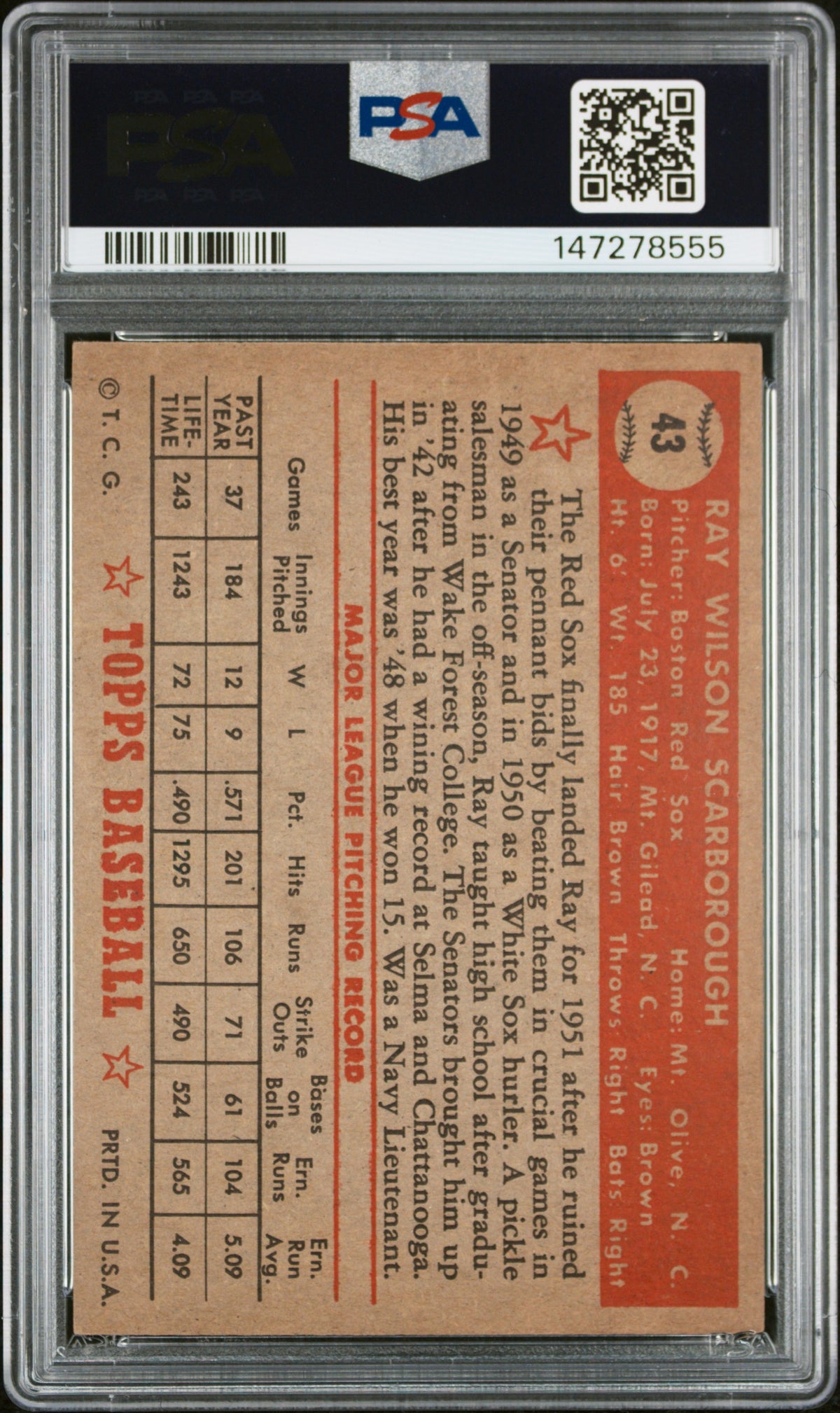 1952 Topps Ray Scarborough #43 PSA 3