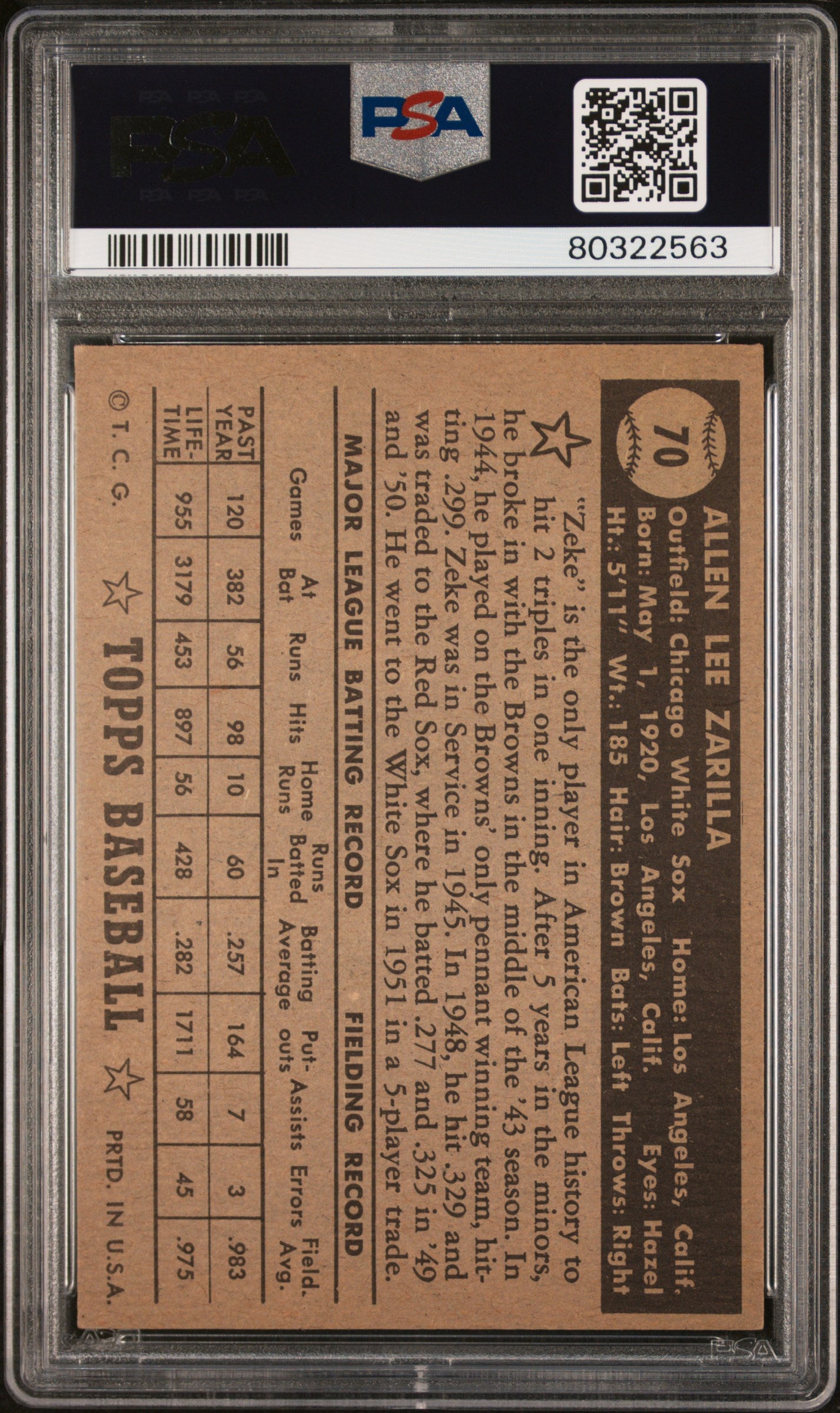 1952 Topps Al Zarilla #70 Black Back PSA 5 beautifully centered