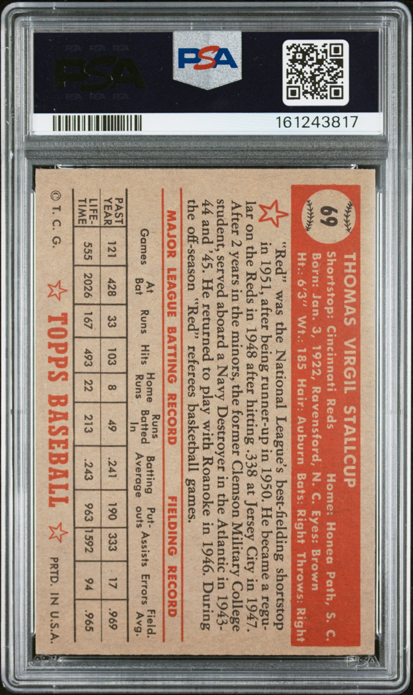 1952 Topps Virgil Stallcup #69 PSA 5