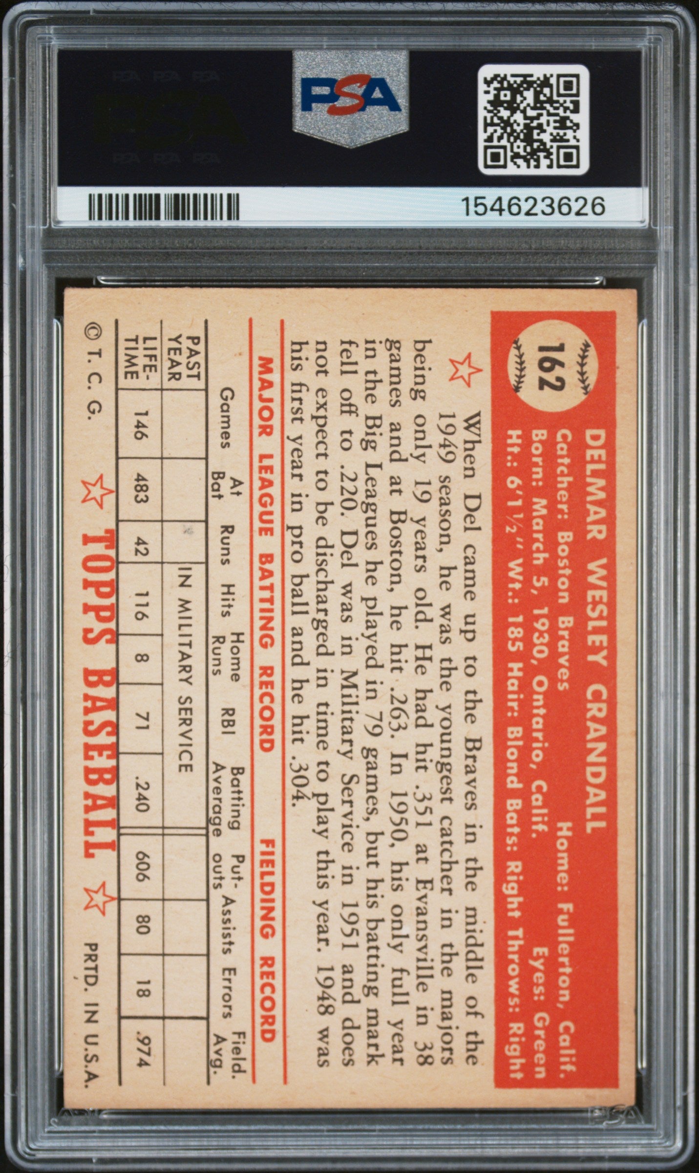 1952 Topps Del Crandall #162 PSA 5