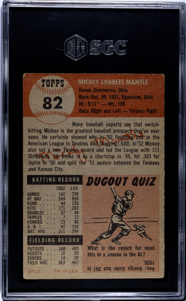 1953 Topps Mickey Mantle #82 SGC 4.5 Amazingly centered!
