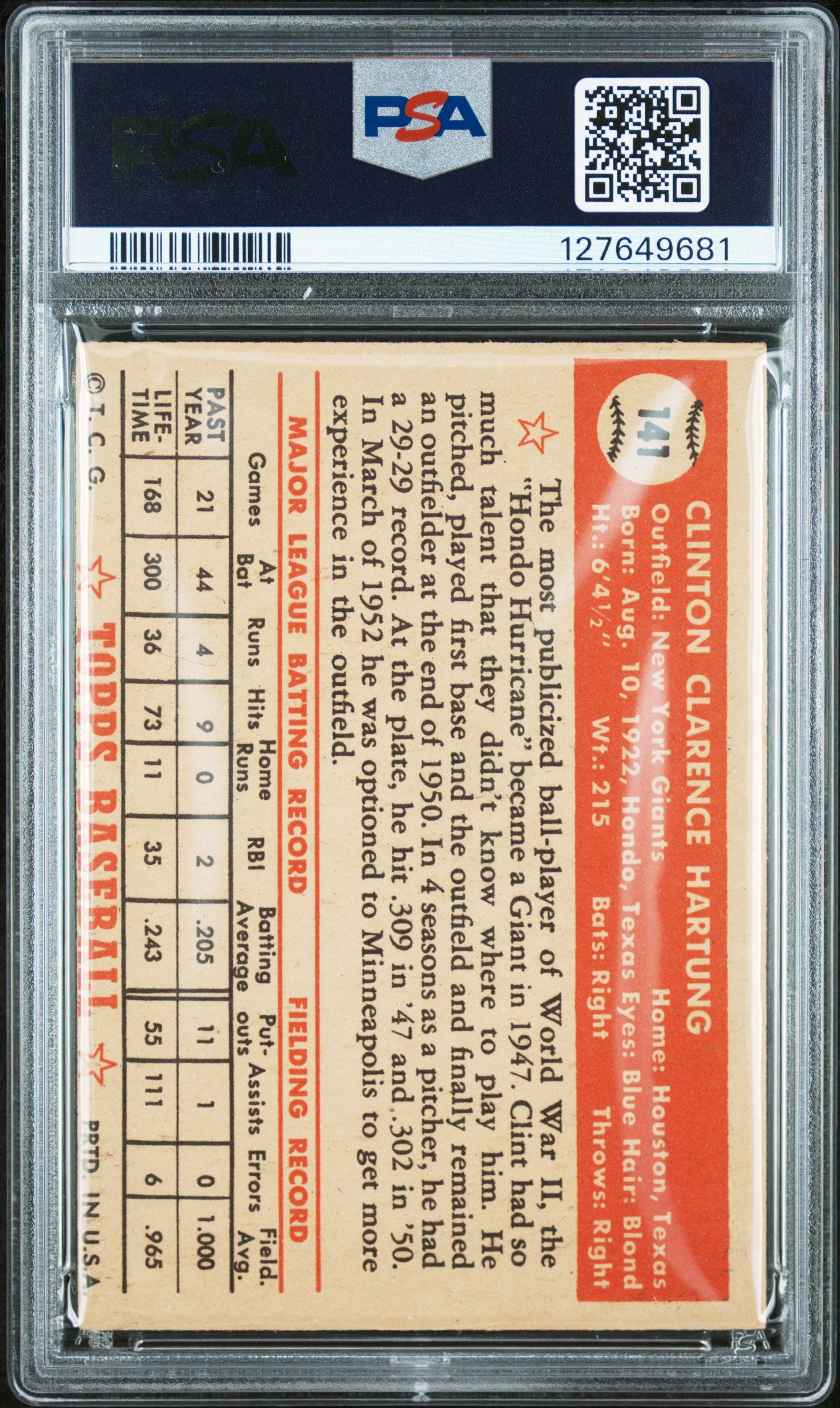 1952 Topps Clint Hartung #141 PSA 2