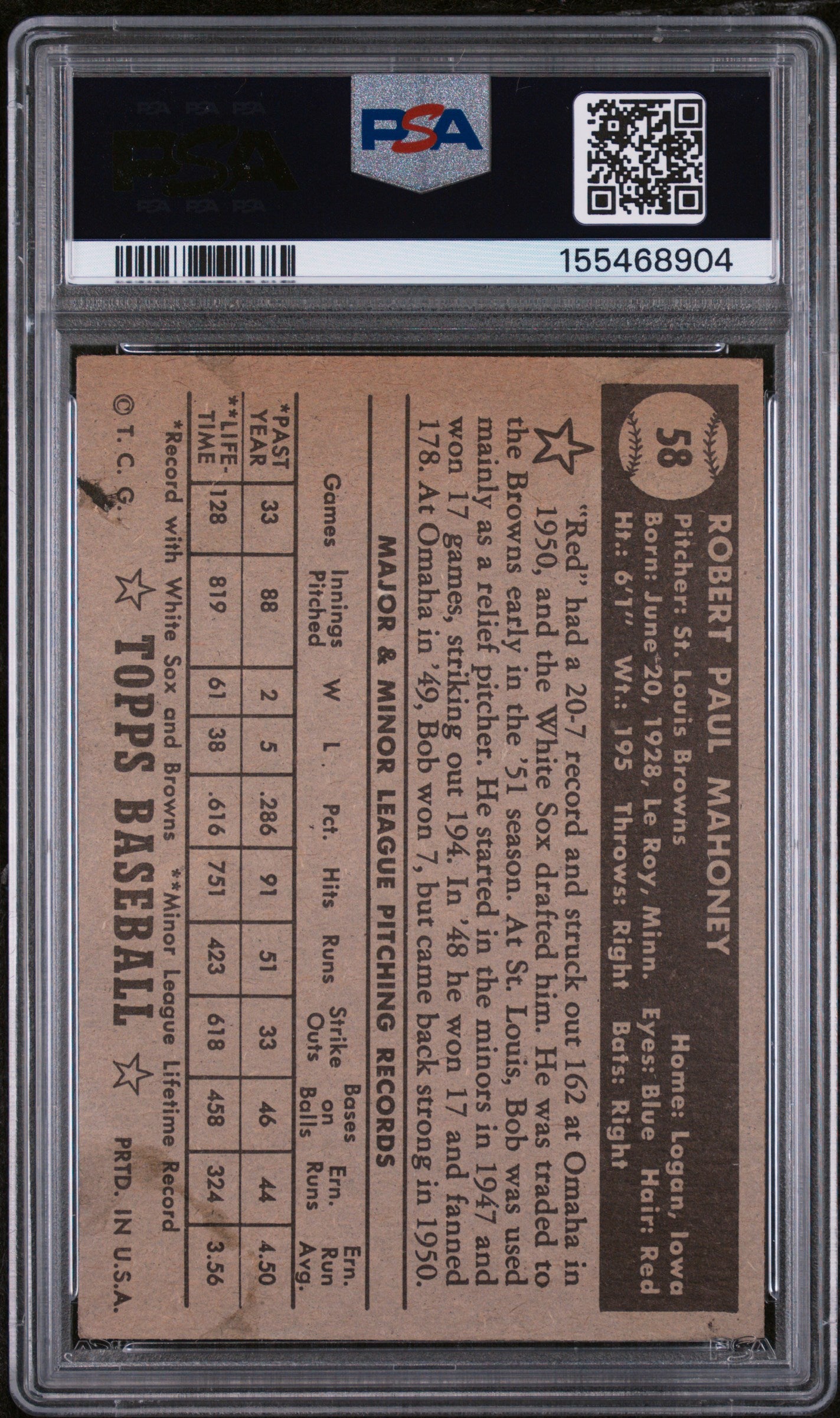 1952 Topps Bob Mahoney #58 Black Back PSA 4