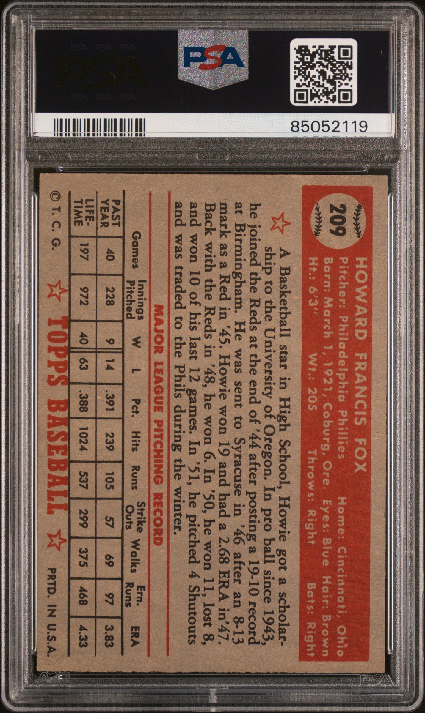 1952 Topps Howie Fox #209 PSA 4