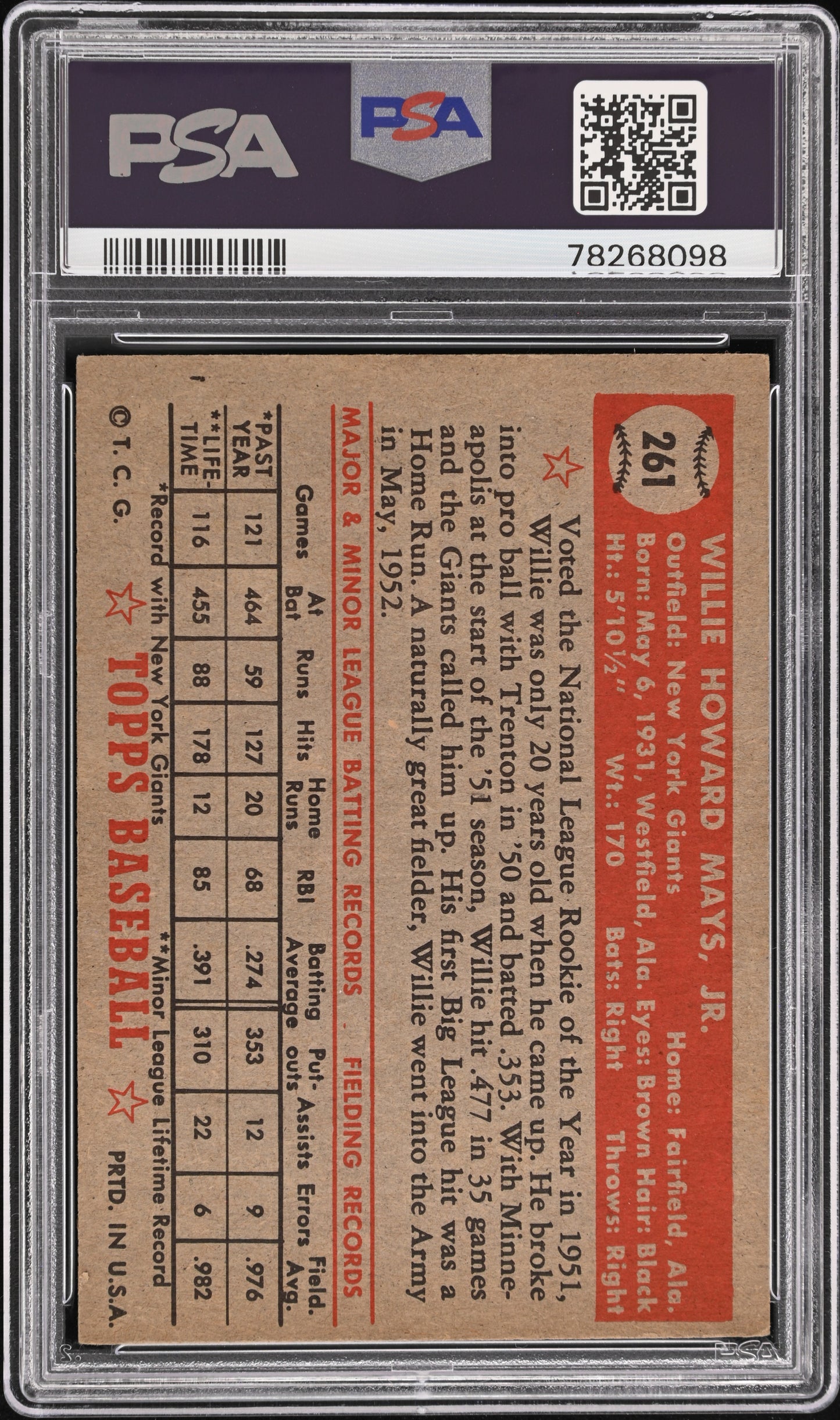 1952 Topps Willie Mays #261 HOF PSA 4.5