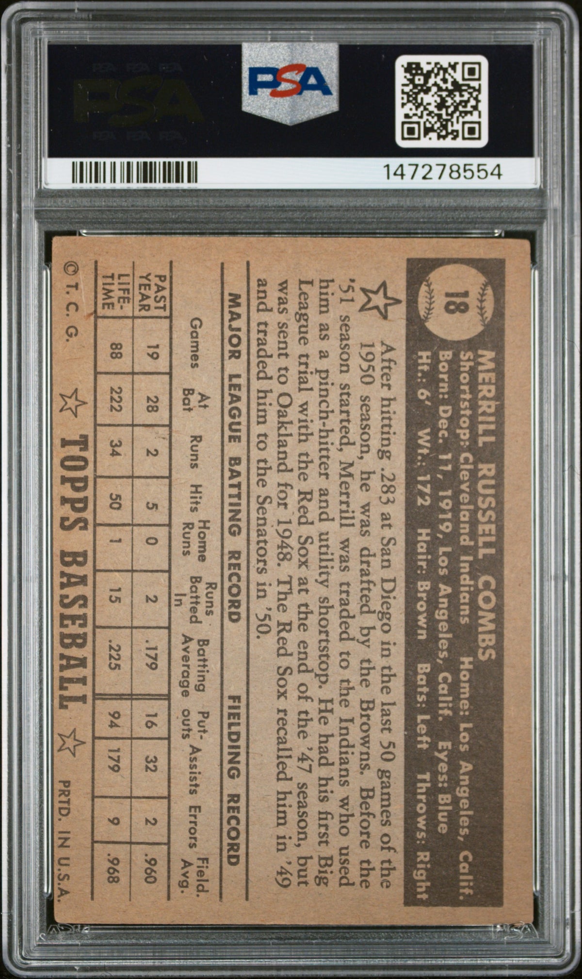 1952 Topps Merrill Combs #18 Black Back PSA 4