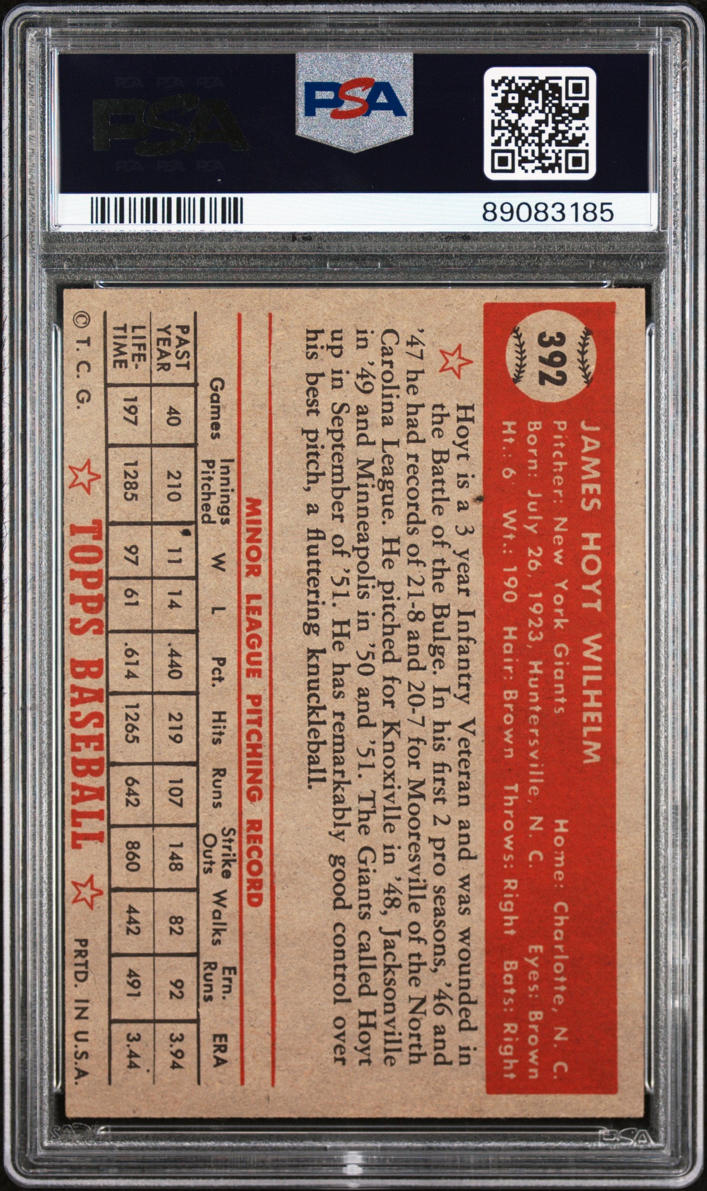 1952 Topps Hoyt Wilhelm #392 PSA 3.5 Diamond review candidate