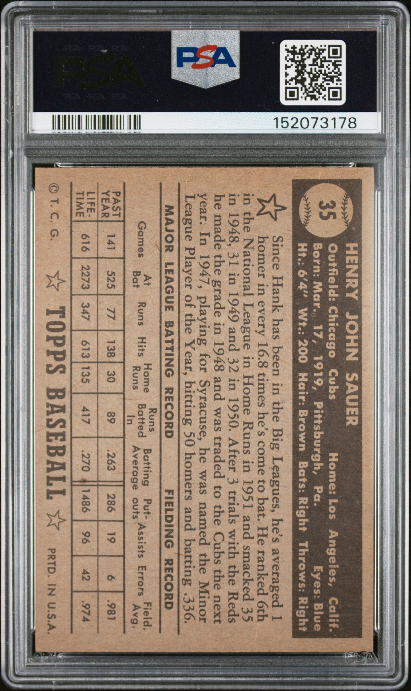 1952 Topps Hank Sauer #35 Black Back PSA 4