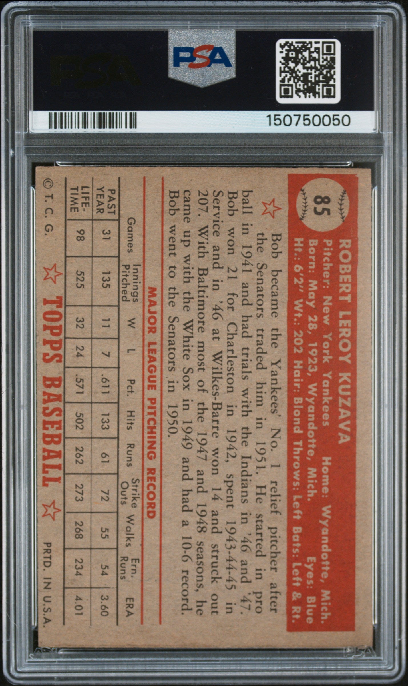 1952 Topps Bob Kuzava #85 PSA 4
