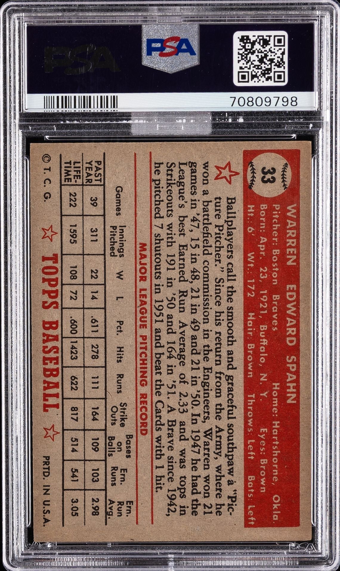 1952 Topps Warren Spahn #33 PSA 3