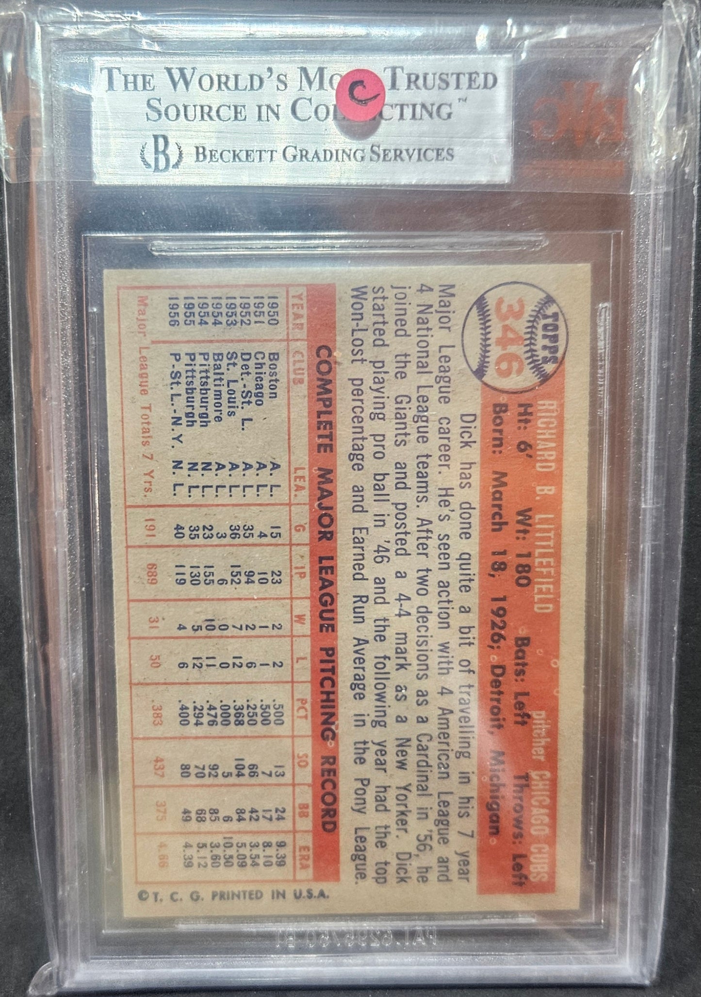 1957 Topps Dick Littlefield #346 BVG 8.5