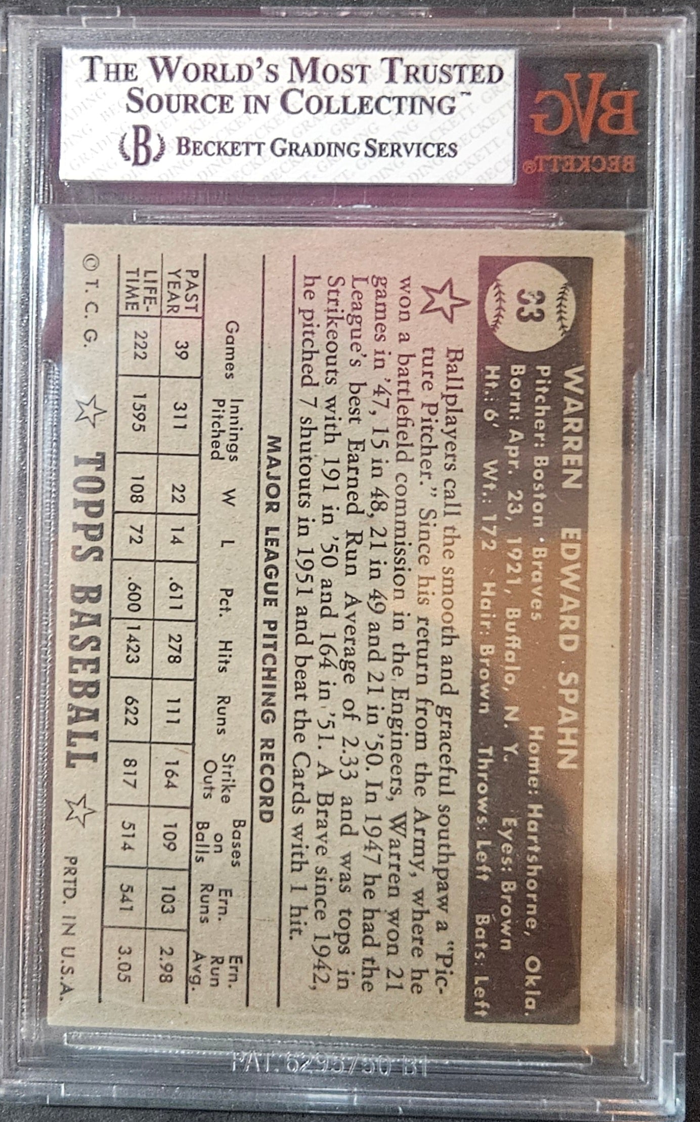 1952 Topps Warren Spahn Black #33A BVG 6