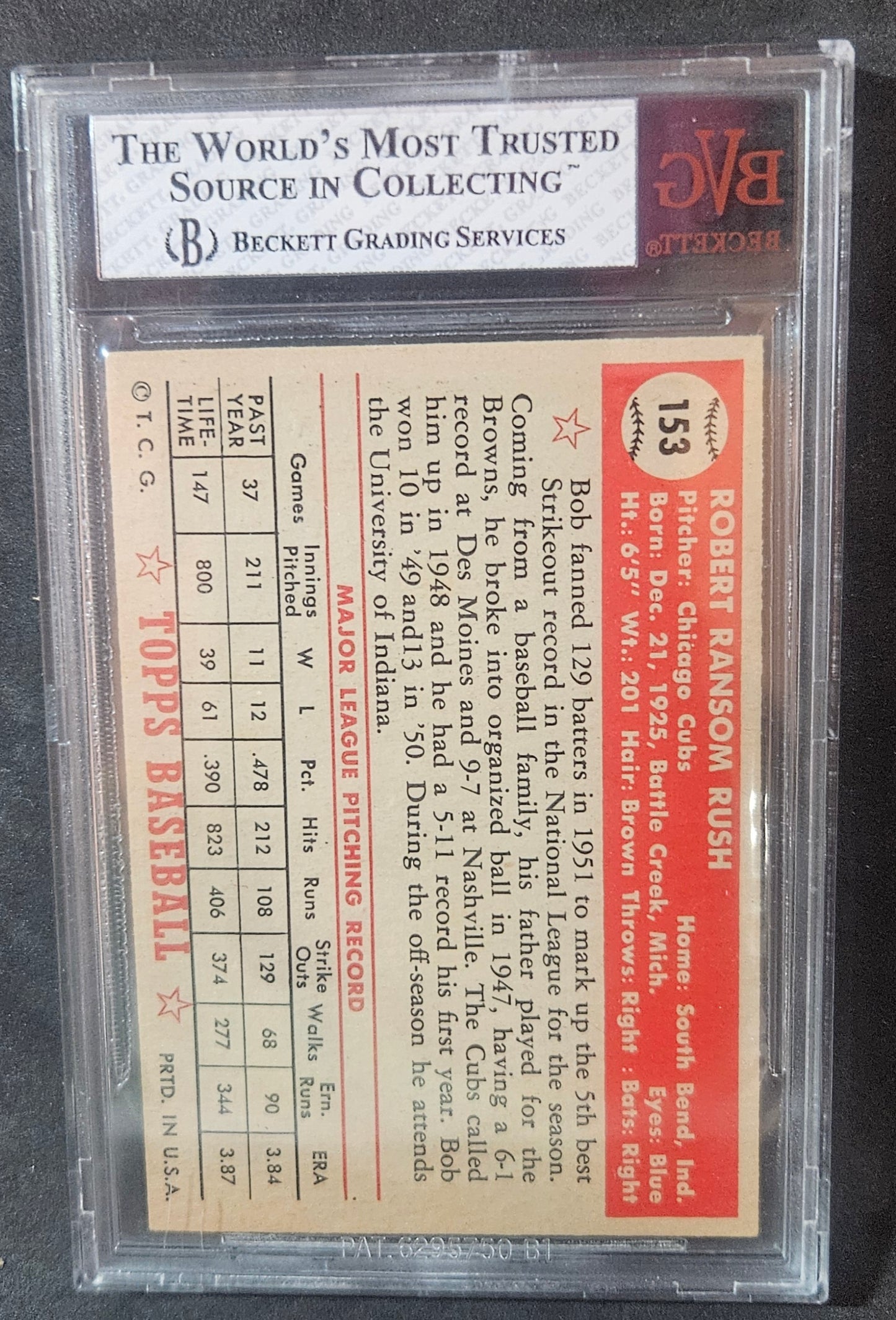 1952 Topps Bob Rush #153 BVG 7 cracked case