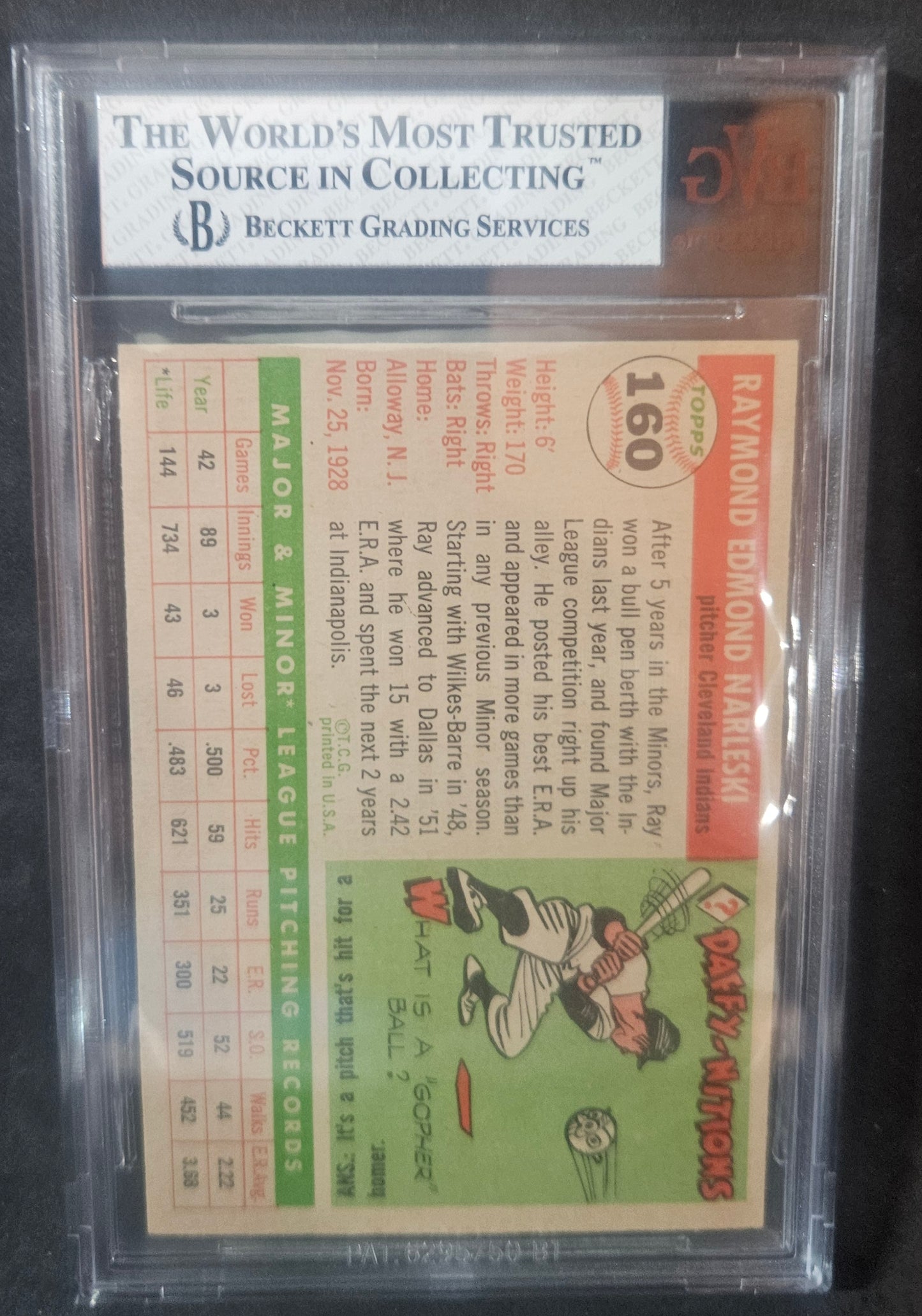 1955 Topps Ray Narleski #160 Rookie BVG 7.5