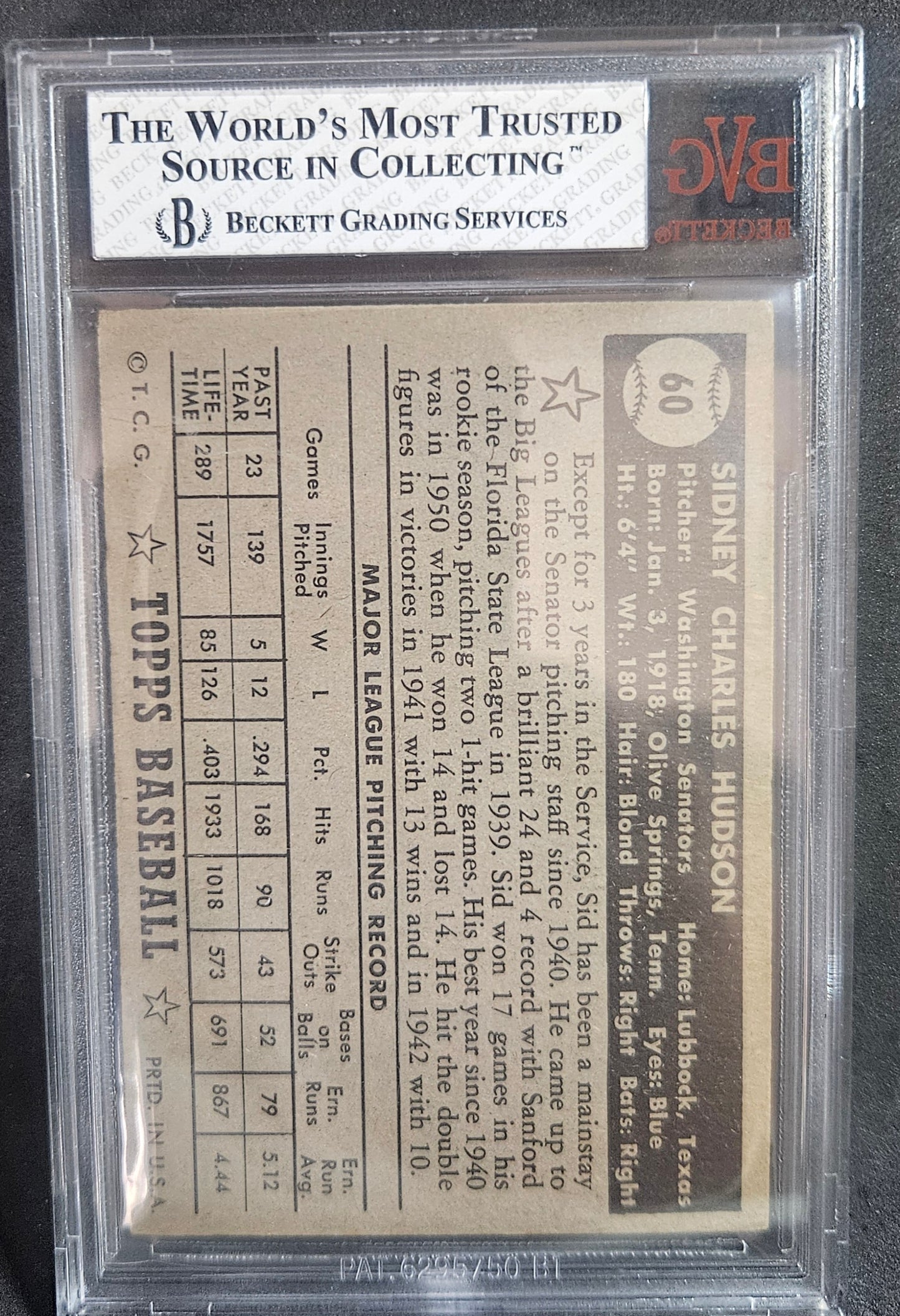 1952 Topps Sid Hudson Black #60A BVG 6 nice card!