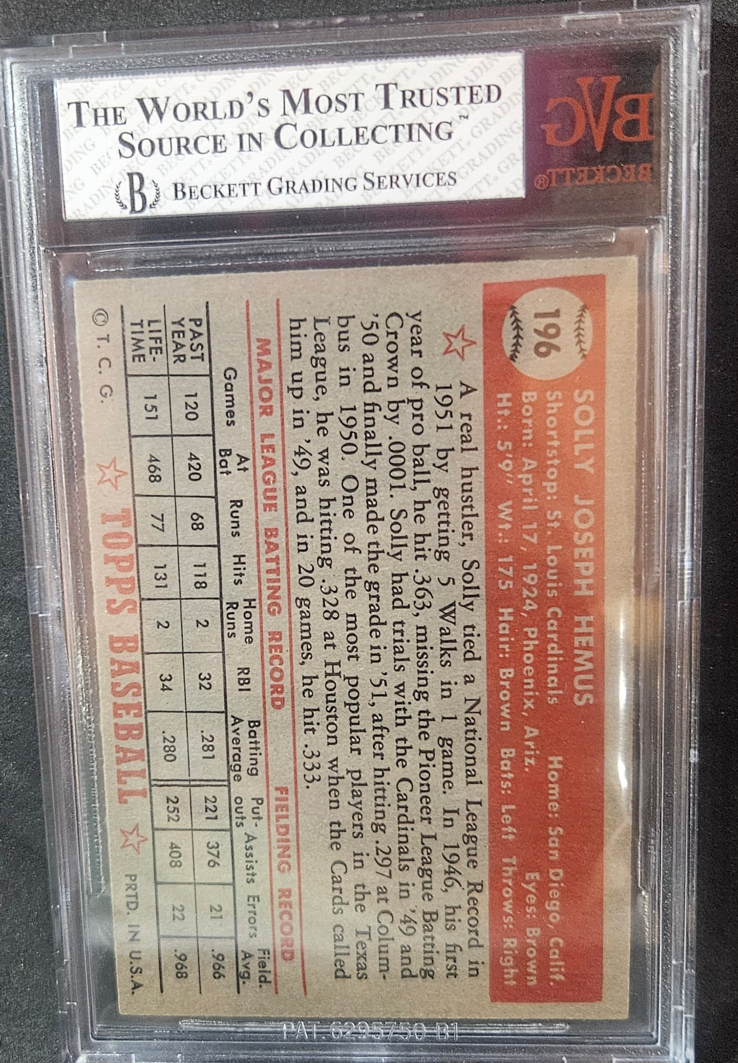 1952 Topps Solly Hemus #196 Rookie BVG 7
