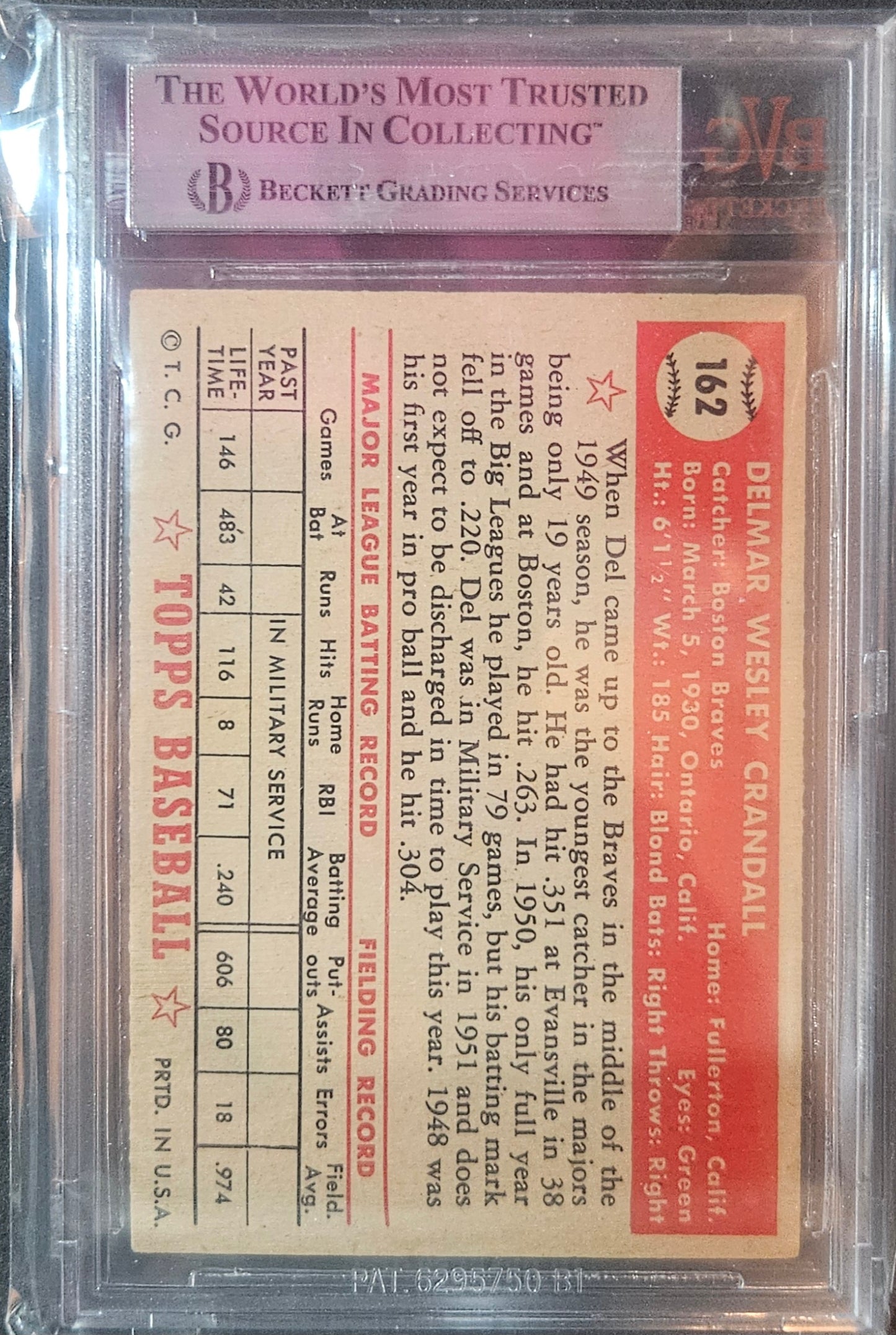 1952 Topps Del Crandall #162 BVG 6