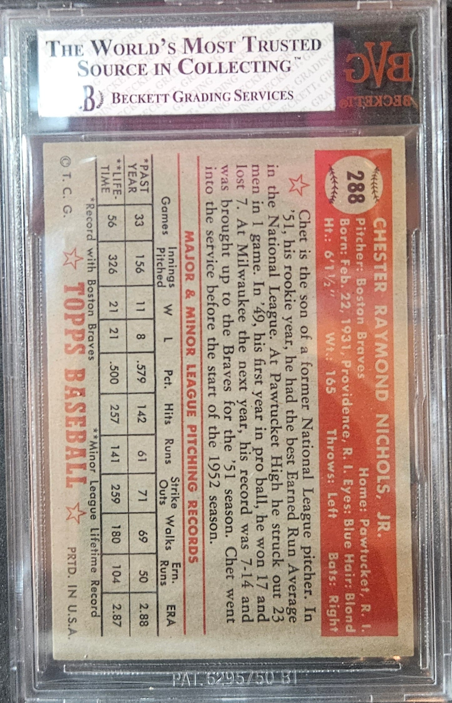 1952 Topps Chet Nichols SP #288 Rookie BVG 7