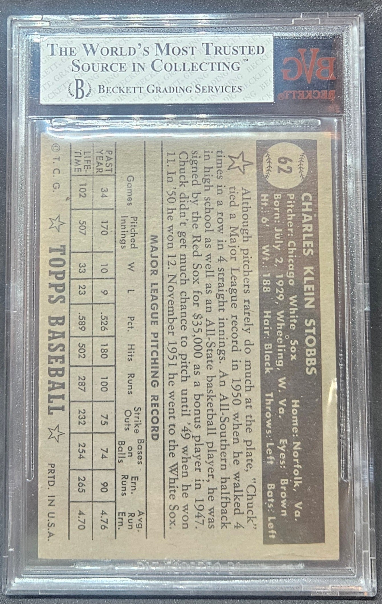 1952 Topps Chuck Stobbs Black #62A BVG 6