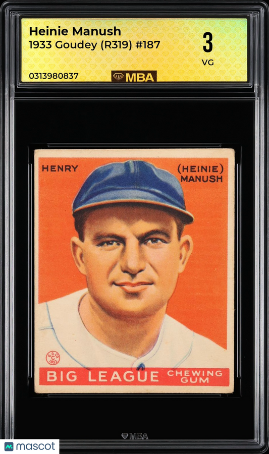 1933 Goudey (R319) Heinie Manush #187 Henry (Heinie) Manush MBA 3